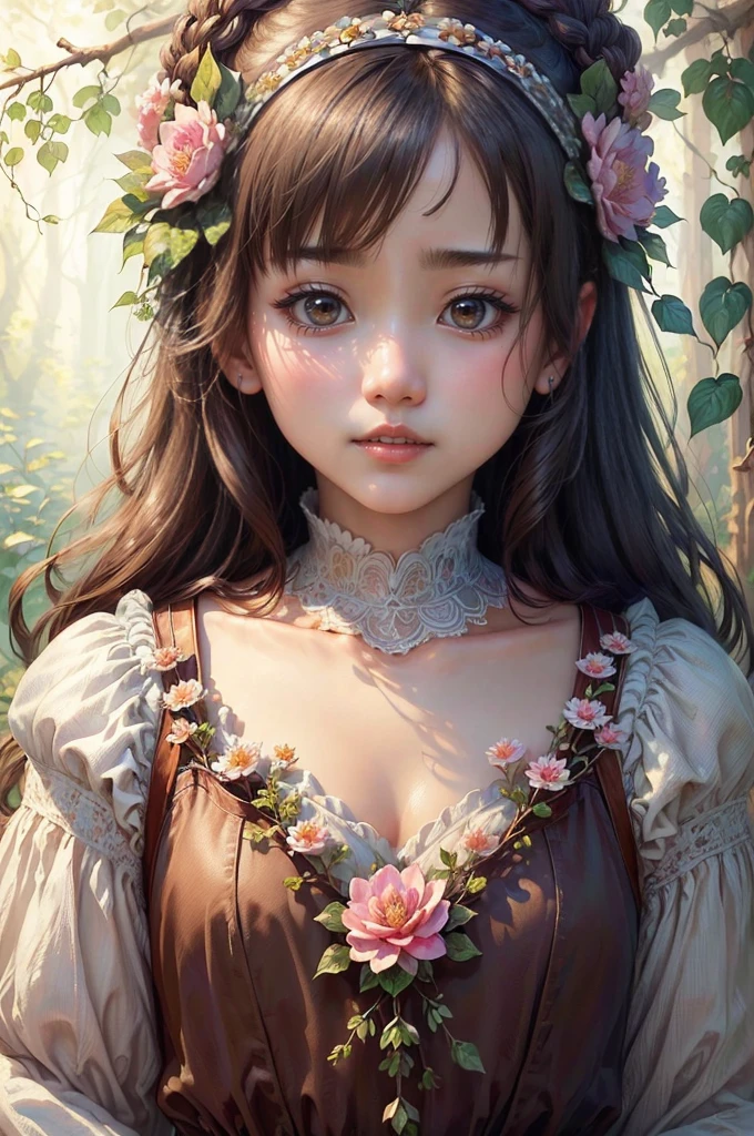 (masterpiece、highest quality、highest quality、detailed and complex、official art、beautiful and aesthetic:1.3)、(1 girl:1.3)、(Look at me with a cute expression:1.6)、My eyes are shining、clear beautiful skin、cute smile、Transparency、(botanical art:1.3).