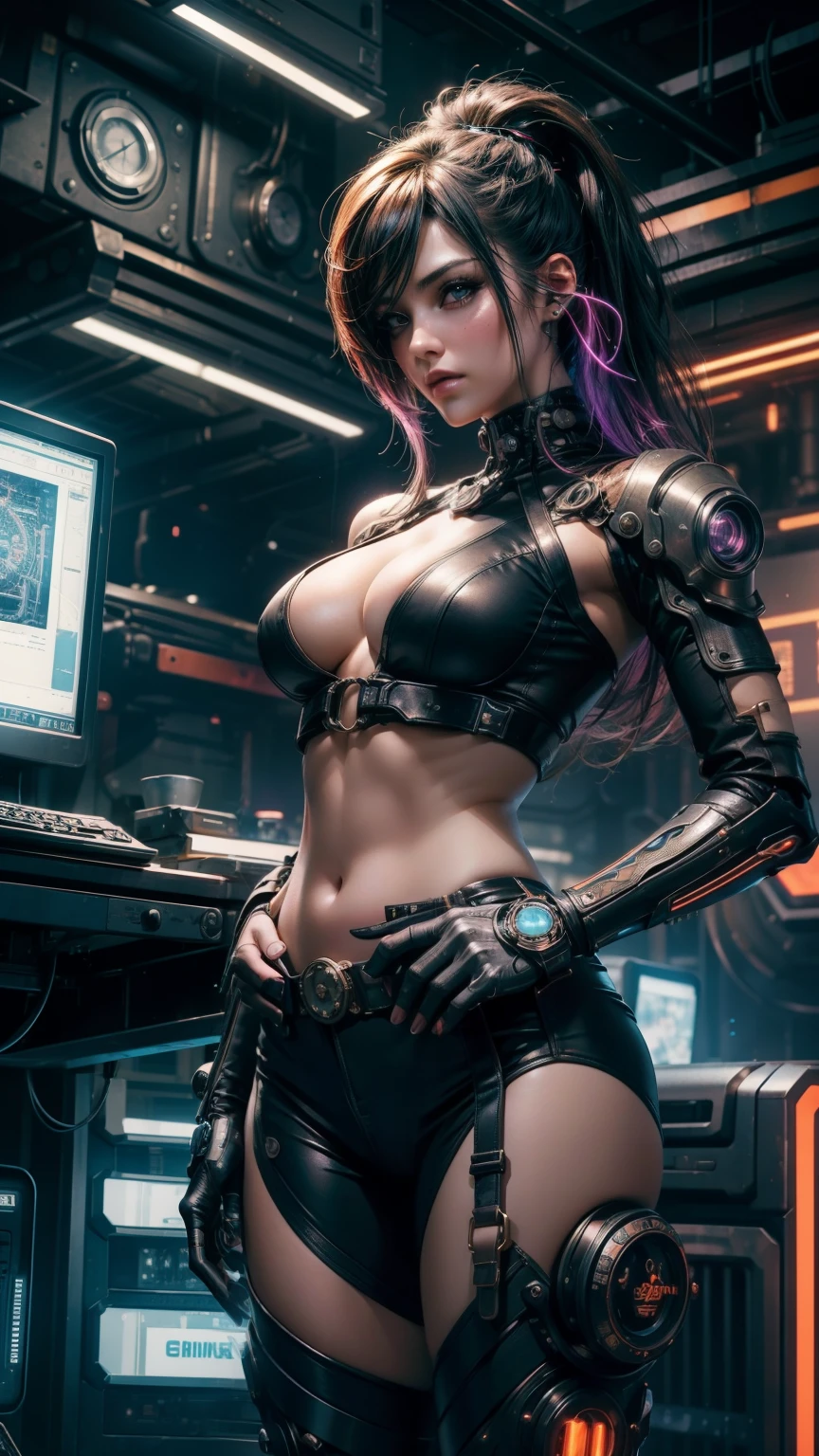 (Top Quality, 4K), Woman with small breasts, Cyber hair styled in trendy, innovative ways, Connected to a cyberpunk supercomputer, Overlooking a captivating steampunk cityscape, Accessing a super productivity system called the Genius Ecosystem, Anime-inspired illustration, Detailed skin texture, Cybernetic enhancements visible, Ultra-realistic face with intricate features, Bold, vibrant color scheme, Neon and LED lights accentuating the scene, Steampunk gears and machinery in the background, Clothing sliced to reveal the upper torso, Fine-grained description, Bellybutton and hips subtly defined, Express