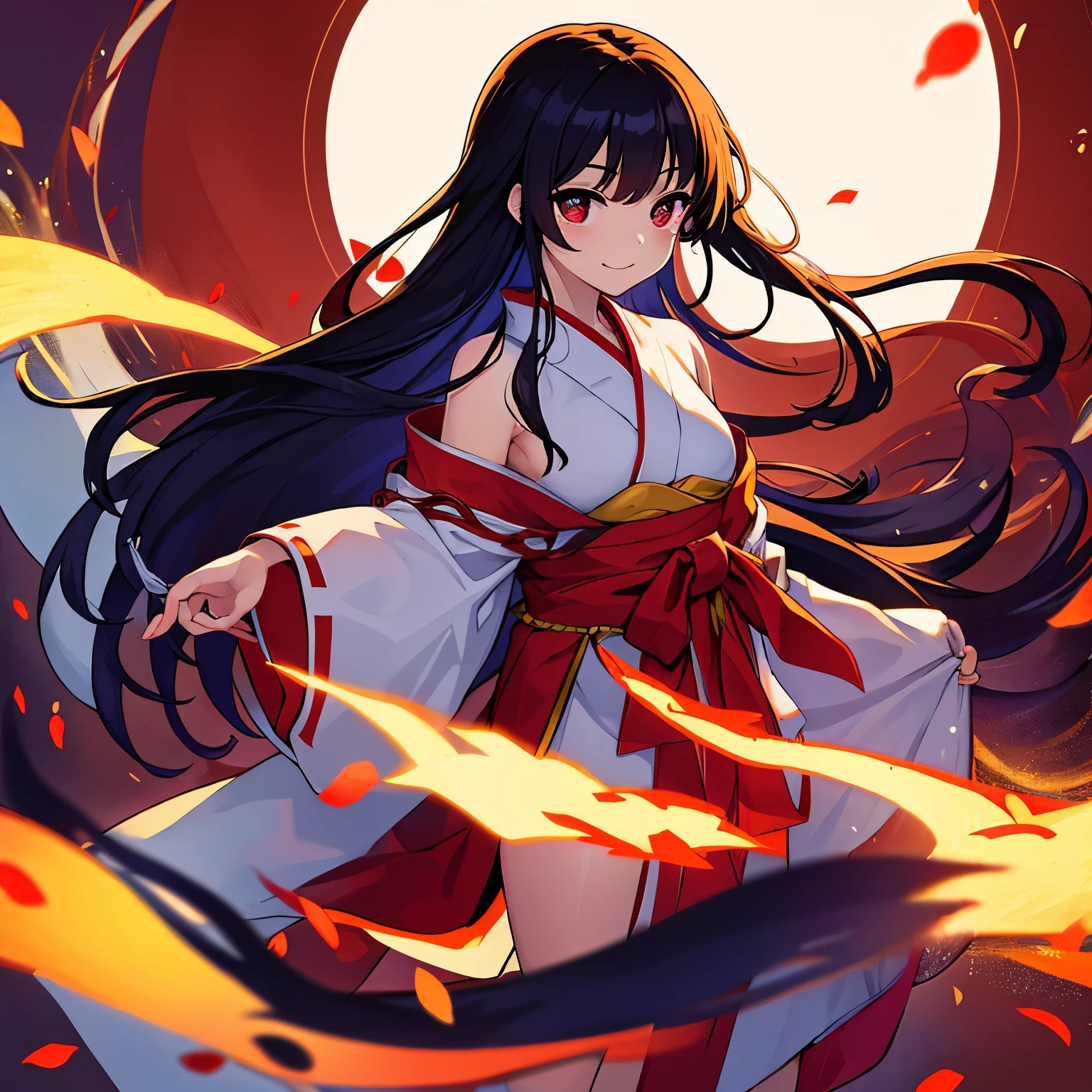 High Quality、black hair、crimson eyes、long hair、Shrine maiden clothes with white base and red mixed in、Orange background、goddess、inflammation、sun、A mirror is floating behind my back、smile、Float in the sky、inflammationの花弁