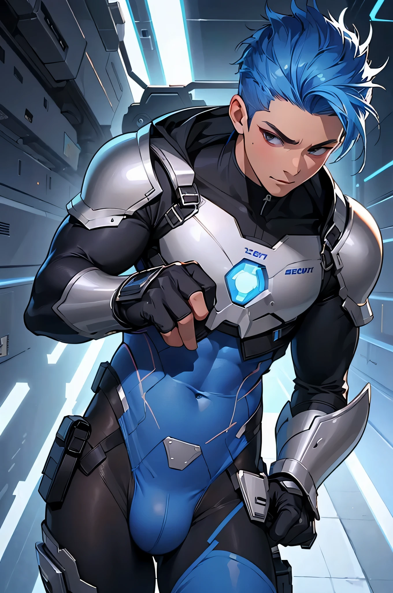((highest quality, 8K, Super detailed, masterpiece: 1.3)), 1 boy, 16 years old、blue hair、shiny skin, sharp, perfect body beauty, Perfect body with realistic shading, (cute baby face:1.1),("body suit, tech wear,big bulge ":1.2),("leggings , armor":1.1),("glove, armor":1.1 ),(tech wear)(dynamic pose:1.1), thigh , Cyberworld , (bulge focus:1.2),
