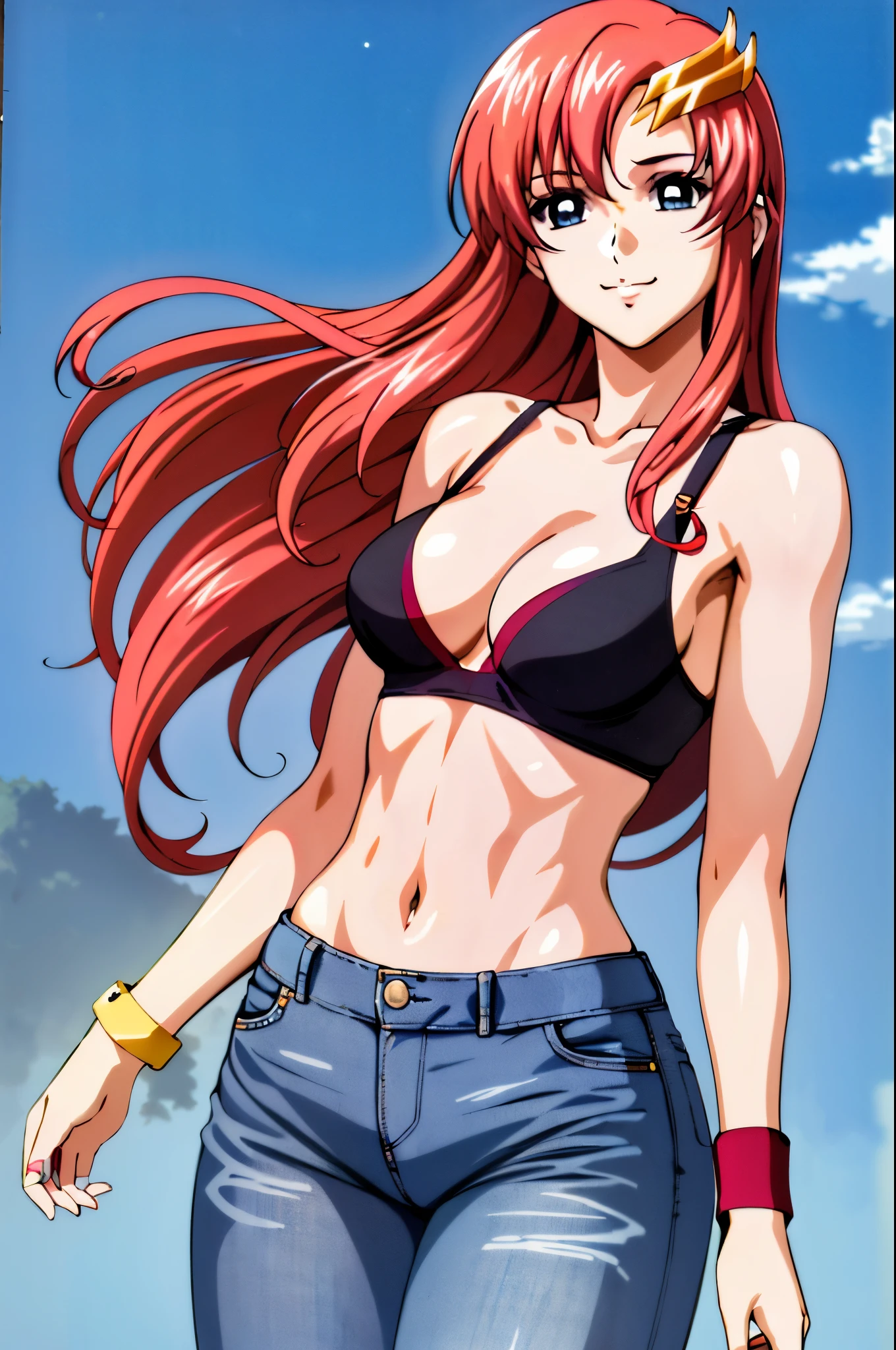 lacus4, (jeans), (red bra), (masterpiece, laying down, very slim shoulders, 4K, Best Quality, Anime style: 1.9, happy, Adult Woman, (ultra detailed head), (cloud background), Drawing lines, high resolution, lacus4), 1girl, Solo, curvy figure, Long hair, 鎖骨, scapular, (Detailed wide hair bangs, Hair Ornament, Detailed reddish-pink hair, shiny streaks, slim arms, detailed golden crest), cleavage, large hands, (hair cover shoulders). (Big blue eyes, shiny eyes), ((female wrestler, (slim body), little biceps, slim arms, closed fists, thighs)), ((perfect proportions, medium breasts, long belly)), ((totally (red bra, neck band, bracelets))), smile, (standing, hot colors), detailed fingers, (bare shoulders)
