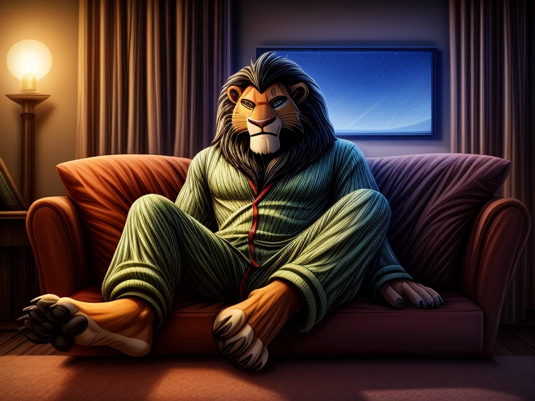 2d portrait, very detailed faces, anatomically correct, full figure, furry art, hypnotised barefoot Scar (muscular anthropomorphic lion, black mane, Lion king) wearing green pajama, lies on couch in front of tv, detailed nice big lion feet paws with claws, in a trance, happy smile, drooling, red glow in his eyes, hi res, detailed background, 8k hd,