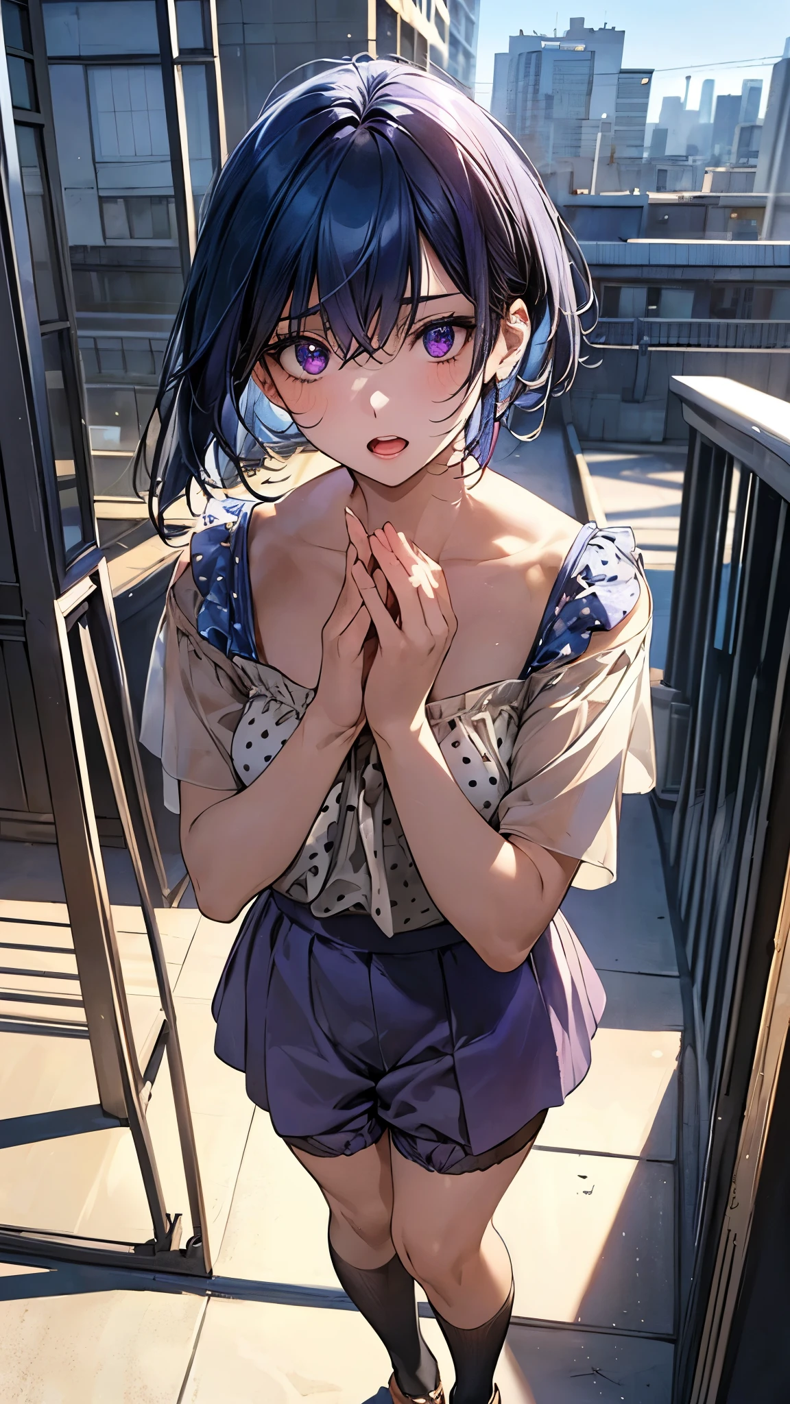 (masterpiece:1.2, top-quality), (realistic, photorealistic:1.4), beautiful illustration, (natural side lighting, movie lighting), nsfw, 
looking at viewer, panty shot, front view:0.6, 1 girl, japanese, high school girl, perfect face, cute and symmetrical face, shiny skin, 
(short hair:1.2, shaggy cut:1.2, dark blue hair), hair between eyes, purple eyes, drooping eyes, long eye lasher, (large breasts:0.6), 
beautiful hair, beautiful face, beautiful detailed eyes, beautiful clavicle, beautiful body, beautiful chest, beautiful thighs, beautiful legs, 
((symmetrical clothing, polka dot dark blue blouse, beige culottes), light blue perforated stripe panty), black socks, 
(beautiful scenery), morning, school rooftop, standing, guts pose with both hands, (serious, open mouth), 