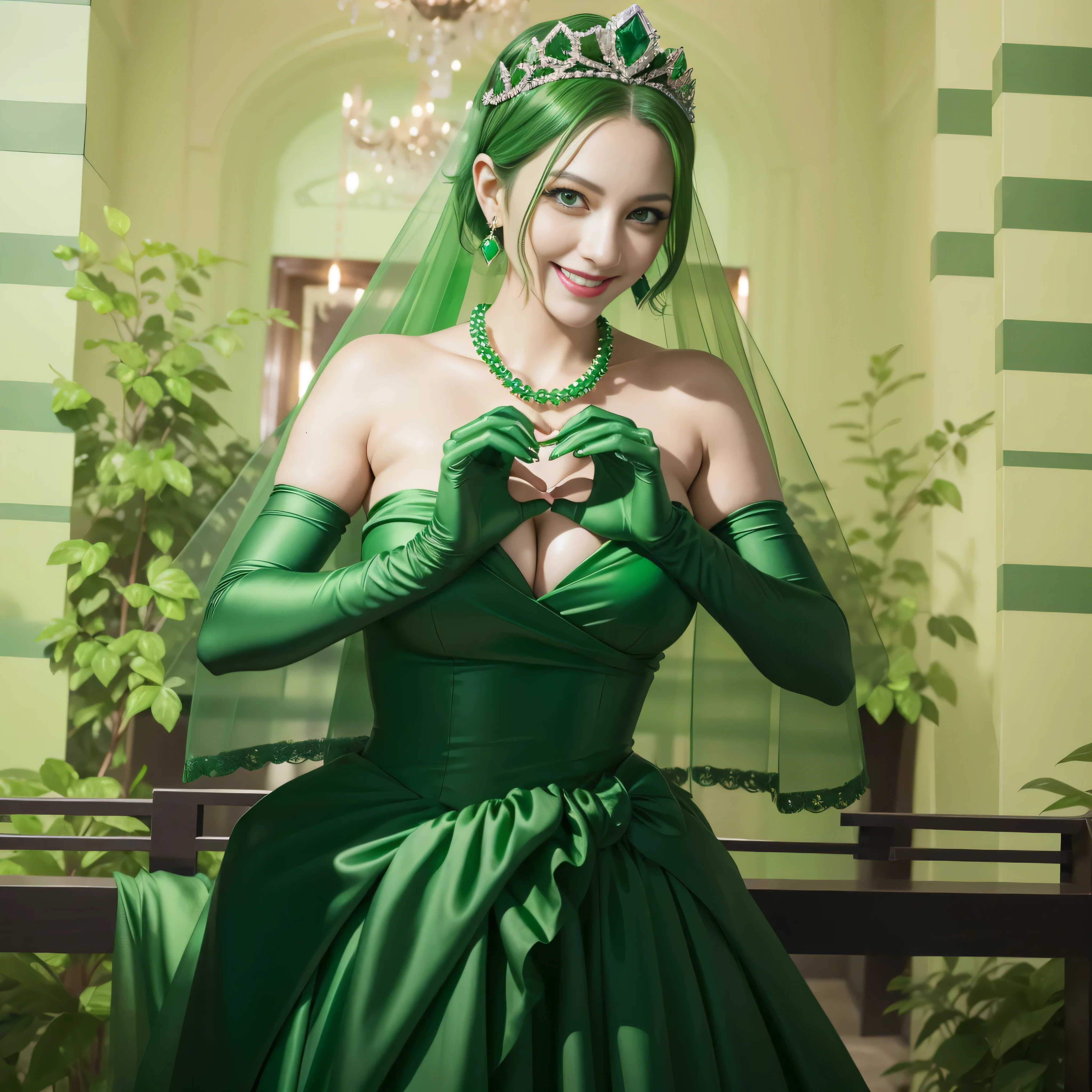 emerald tiara, green pearl necklace, ボーイッシュな非常に短いgreen hair, lipstick, smiling woman, very short hair, Beauty with large breasts, green eyes, Long Green Satin Gloves, green eyes, emerald earrings, green veil, heart with both hands, green hair, Beautiful woman, heart shaped hand:1.3