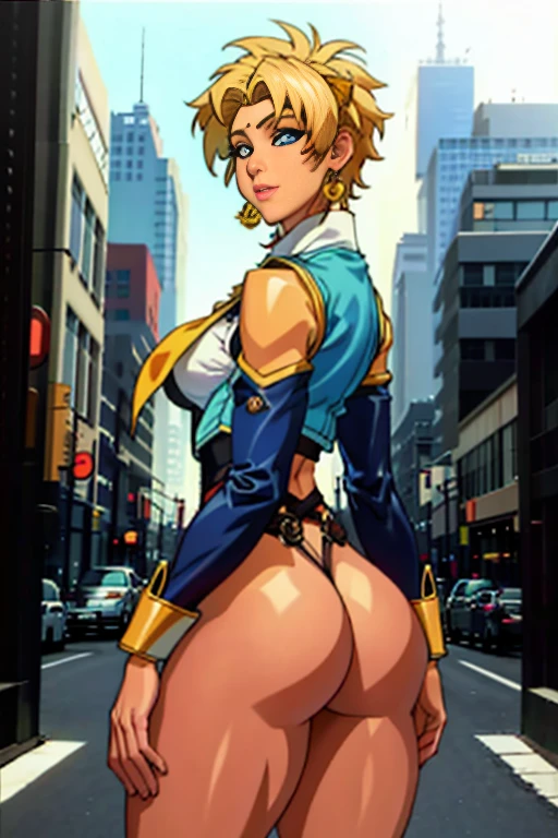 unparalleled masterpiece, ultra realistic 8k CG, perfect artwork, (1girl:1.1) , solo, ((perfect female figure)), (nsfw), looking at viewer, mature female, bimbo, standing, (teasing), best quality:1.1 , seductive posture, sexy pose, alluring, (beautiful), (curvy), (thick), blonde hair, (blue eyes:1.2), short hair, earrings, jewelry, denim vest, open vest, black pantyhose, black shirt, denim skirt, striped long sleeves, blue skirt, toned legs, fit, (abs:1.1), (big butt:1.4), peach ass, (athletic body:1.2), (large breasts:1.3, (big_breasts:1.1), wide_hips:1.5, narrow waist, small waist:1.5, slender body:1.2, thick thighs:1.3), (shiny skin:1.2), (hdr), (street:1.2), Nikon D850 film stock photograph Kodak Portra 400 camera f1.6 lens, rich colors, lifelike texture, dramatic lighting, unreal engine, trending on ArtStation, by Gerald Brom, by Frank Frazetta, by Luis Royo, by J
