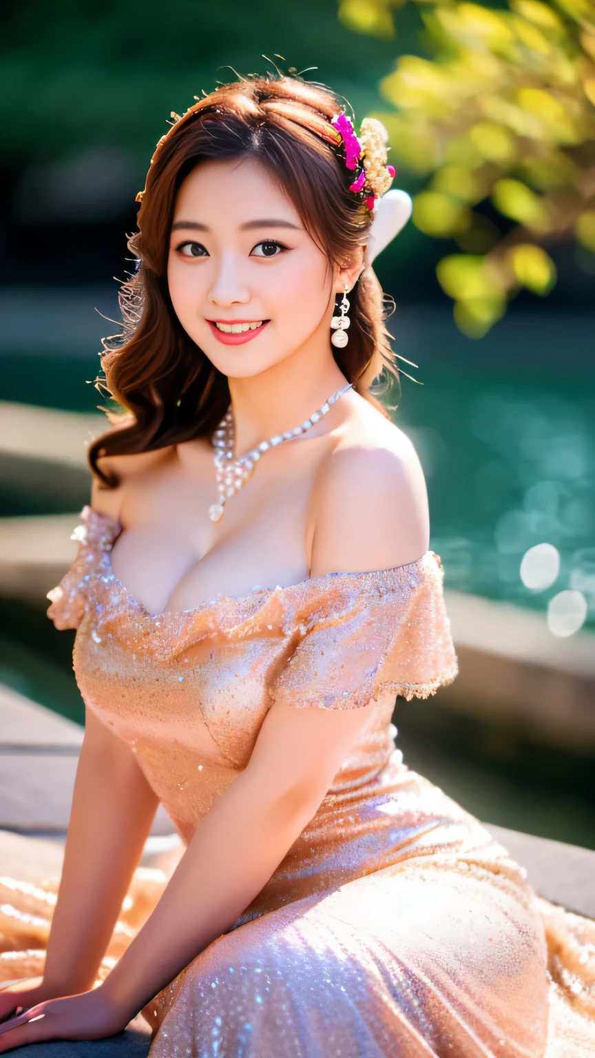 (realistic, photo-realistic:1.4), (extremely detailed 8k wallpaper), bokeh, detailed beautiful eyes and skin, (Image from thighs to head:1.3), Canon R5 50mm, (Japanese idol:1.4), 25yo, beautiful woman, smile, large breast, Elegant off-shoulder gown with a pearl necklace, Graceful, Refined, Opera house gala, Velvet curtains,