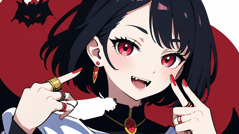 masterpiece、highest quality、1 girl、Upper body、short hair、one point color hair、Vampire wind、evil smile、blush、open your mouth、Show fangs、Stylish earrings、ring accessories、Put your hands on your face、I can't see my hands、spider pattern background