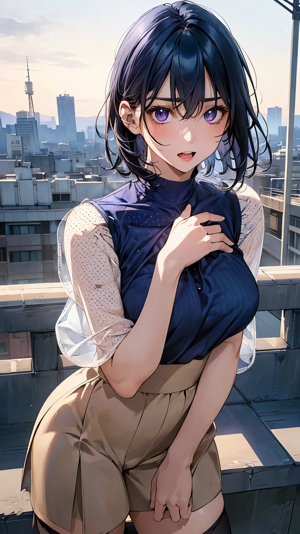 (masterpiece:1.2, top-quality), (realistic, photorealistic:1.4), beautiful illustration, (natural side lighting, movie lighting), nsfw,
looking at viewer, panty shot, front view:0.6, 1 girl, japanese, high school girl, perfect face, cute and symmetrical face, shiny skin,
(short hair:1.2, shaggy cut:1.2, dark blue hair), hair between eyes, purple eyes, drooping eyes, long eye lasher, (large breasts:0.6),
beautiful hair, beautiful face, beautiful detailed eyes, beautiful clavicle, beautiful body, beautiful chest, beautiful thighs, beautiful legs,
((symmetrical clothing, polka dot dark blue blouse, beige culottes), light blue perforated stripe panty), black socks,
(beautiful scenery), morning, school rooftop, standing, guts pose with both hands, (serious, open mouth),