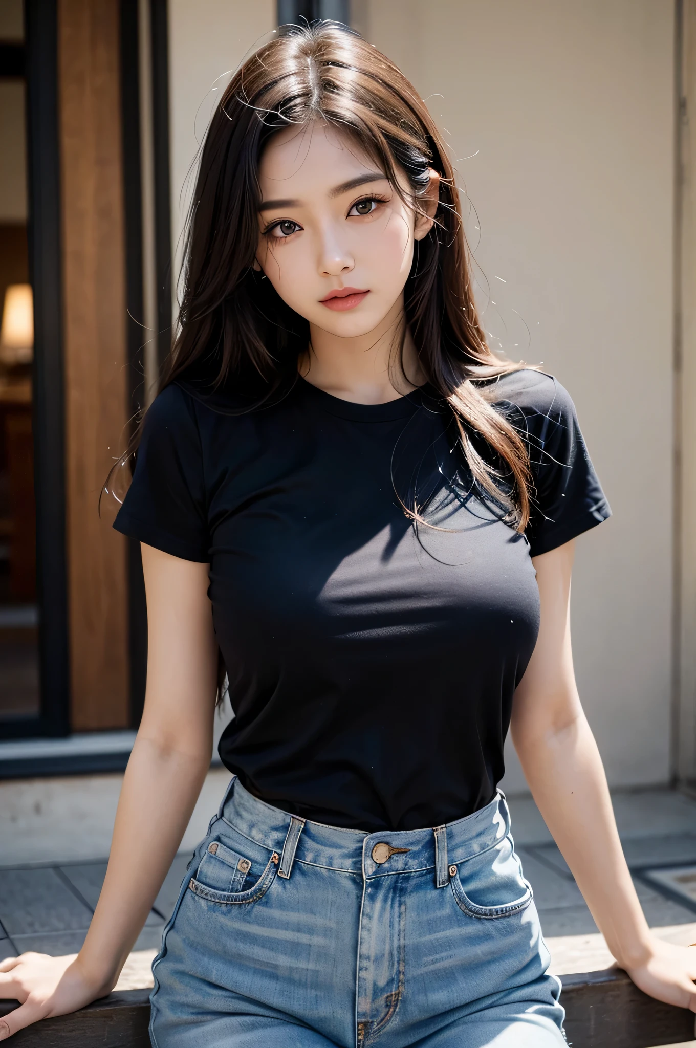 (sex with men)、1 girl、big breasts、25 years old、、small face、black t-shirt、Photoreal、amazingly beautiful、(highest quality、8K、32K、masterpiece、)、(realistic、Super detailed、Best detailed body capture、beautiful eyes、Street view、(perfect anatomy:1.3)、cute japanese woman