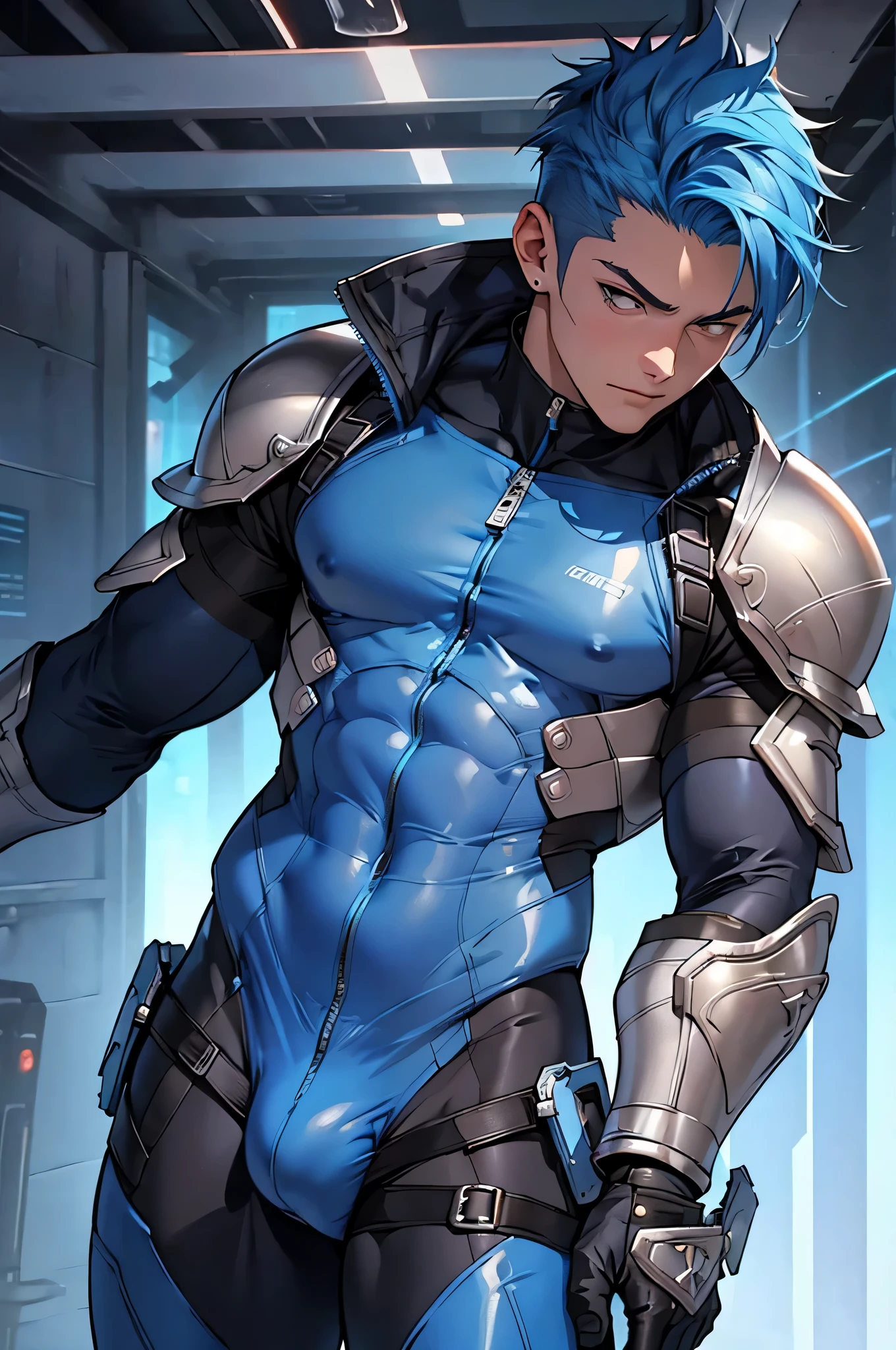((highest quality, 8K, Super detailed, masterpiece: 1.3)), border、1 boy, 、blue hair、shiny skin, sharp, sharp gaze、perfect body beauty, Perfect body with realistic shading, (cute baby face:1. suit, tech wear,big bulge ":1.2),("leggings , armor":1.1),("glove, armor":1.1 ),(tech wear)(dynamic pose:1.1), thigh , Cyberworld ,
