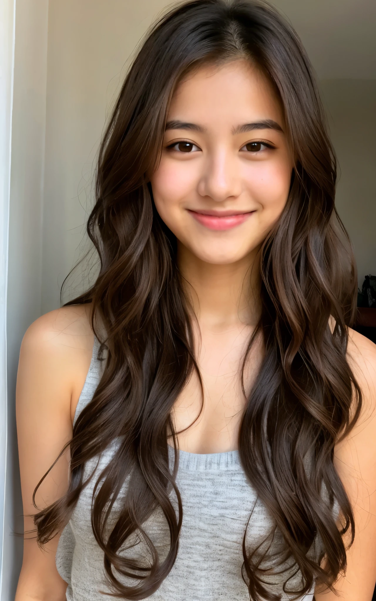 1 mexican girl, Long Wavy Hair, dark brown eyes, teen, nude, smiling