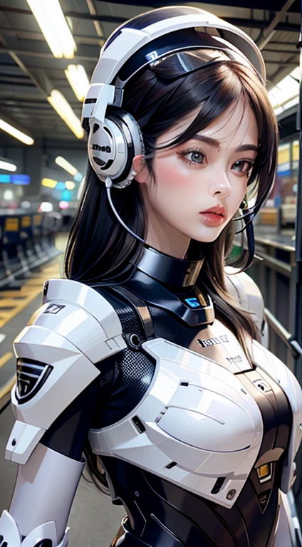 Black and white mixed color mech female warrior，18 years old young girl，Wear blue headphones，Nice face，HD ratio，The atmosphere of the planet Pandora，Diverse perspectives，Complicated details