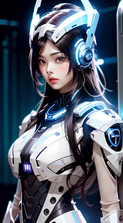 Black and white mixed color mech female warrior，18 years old young girl，Wear blue headphones，Nice face，HD ratio，The atmosphere of the planet Pandora，Diverse perspectives，Complicated details