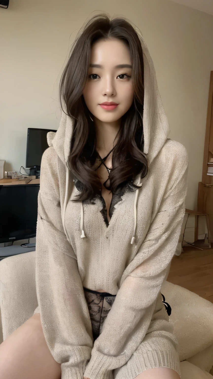 ((top-quality、8k、masterpiece:1.3))、Beautiful woman with perfect body:1.4、slim abdomen:1.2、Longhair, normal breast, Highly detailed facial and skin texture, A detailed eye, delicate eyes, (smile), (full body shot), ((computer room)), (sitting on chair), (((wearing hooded sweater)), looking in front
