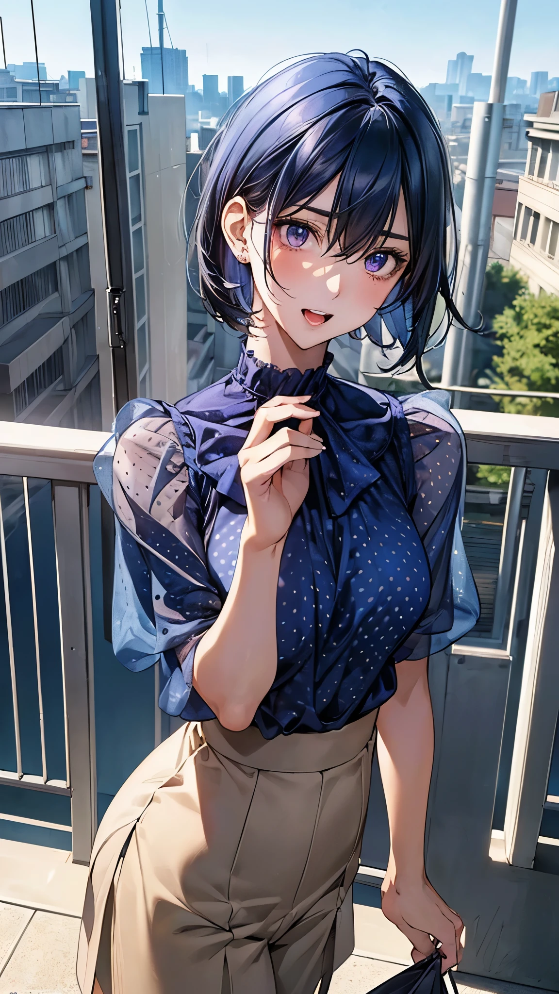 (masterpiece:1.2, top-quality), (realistic, photorealistic:1.4), beautiful illustration, (natural side lighting, movie lighting), nsfw,
looking at viewer, panty shot, front view:0.6, 1 girl, japanese, high school girl, perfect face, cute and symmetrical face, shiny skin,
(short hair:1.2, shaggy cut:1.2, blue hair), hair between eyes, purple eyes, drooping eyes, long eye lasher, (large breasts:0.6),
beautiful hair, beautiful face, beautiful detailed eyes, beautiful clavicle, beautiful body, beautiful chest, beautiful thighs, beautiful legs,
((symmetrical clothing, polka dot dark blue blouse, light brown culottes), light blue perforated stripe panty),
(beautiful scenery), morning, school rooftop, wariza, (lovely smile, upper eyes),