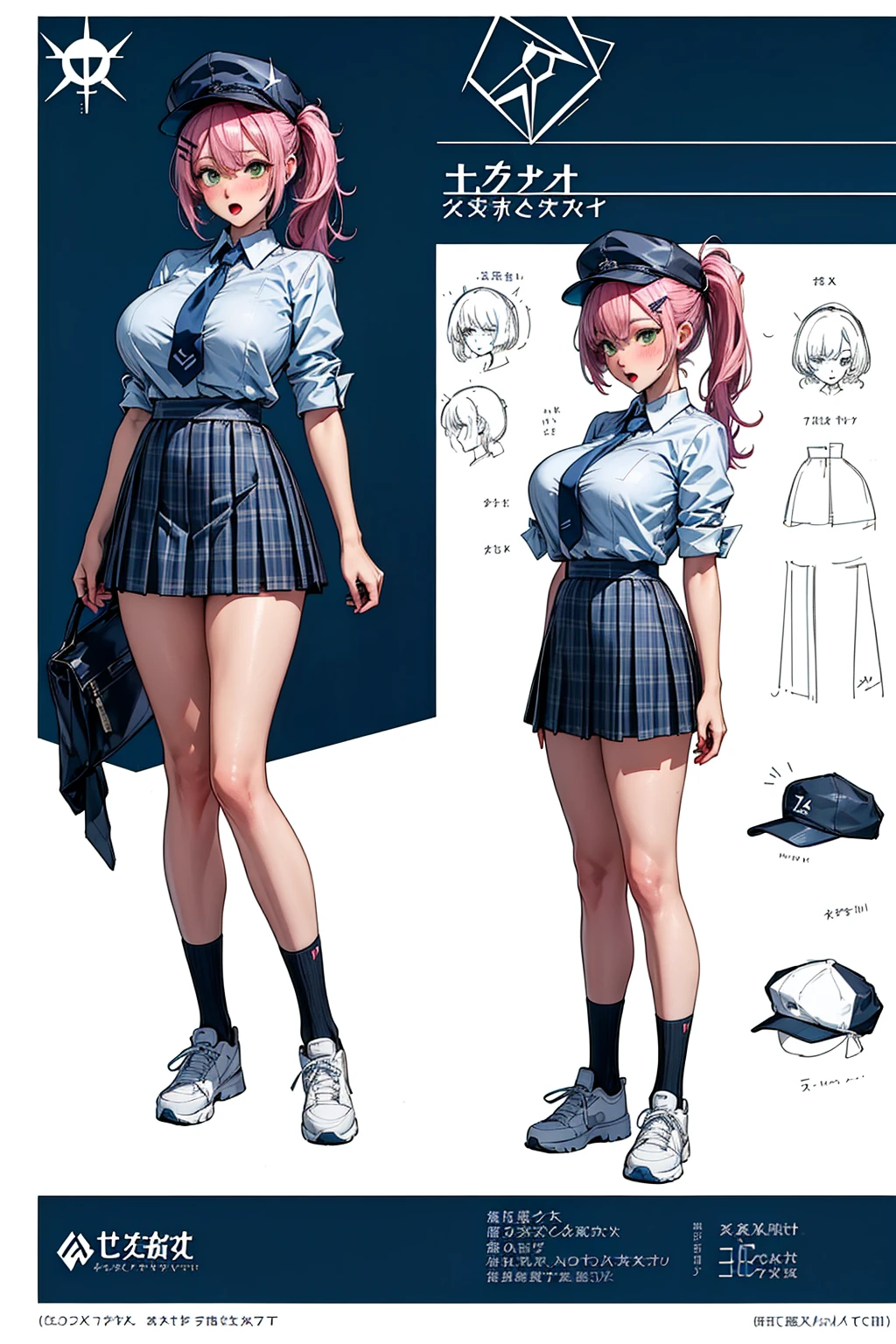 girl, solo, full body, from head to toe, random movement, random pose, (Huge_Breasts:1.3), beautiful body, perfect body, nice body,

((Character Design Sheet:1.7, character reference sheet:1.7,)),

hiyori_bluearchive, hair_ornament, hairclip, long_hair, hair_over_one_eye, halo, side_ponytail, bangs, blush, hat, breasts, cabbie_hat, open_mouth, large_breasts, green_eyes, 

school uniform, collared shirt, blue necktie, blazer, plaid skirt, bike shorts, pantie under skirt, sneakers, very short skirt