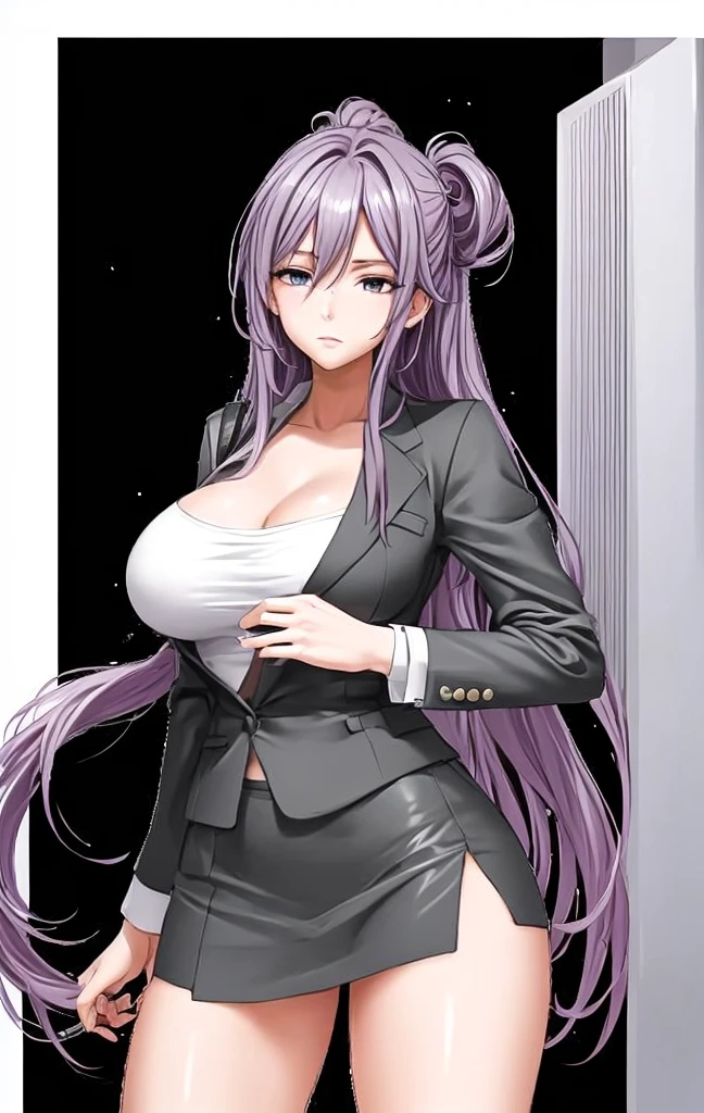 A beautiful woman with long hair, big breasts, and beautiful legs is standing in a suit, tube top, and miniskirt.。Emphasizing the tube top。