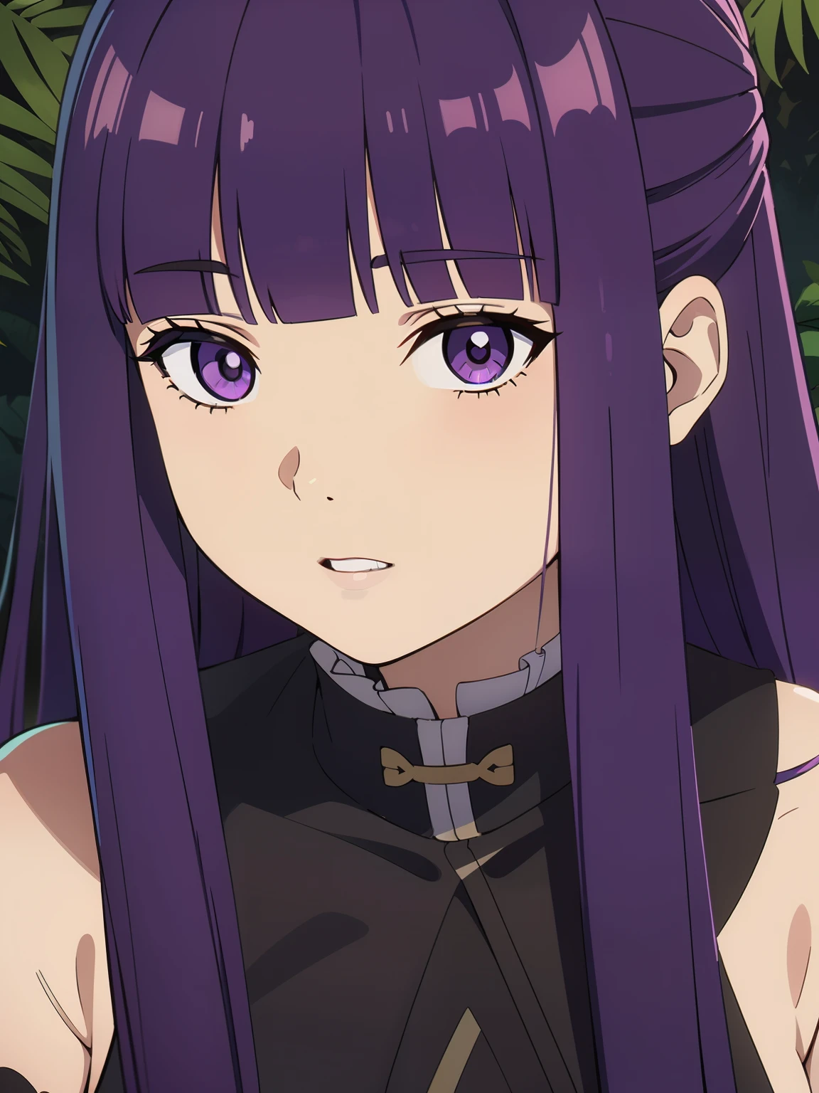freirenfern, fern, purple hair, long hair, purple eyes, blunt bangs, sidelocks, half updo, bright pupils, (large breasts, 1 girl), BREAK Masterpiece, best quality, high resolution, 8K, official art, super resolution, extremely detailed and beautiful, extremely detailed, amazing and detailed, highly detailed beautiful girl, highly detailed face, highly detailed eyes, highly detailed skin, highly detailed fingers, highly detailed nose, very detailed mouth, perfect anatomy, BREAK Full body shot, extremely detailed CG unity 16k, very fine 16KCG wallpapers, light blush, China Cheongsam, forest,