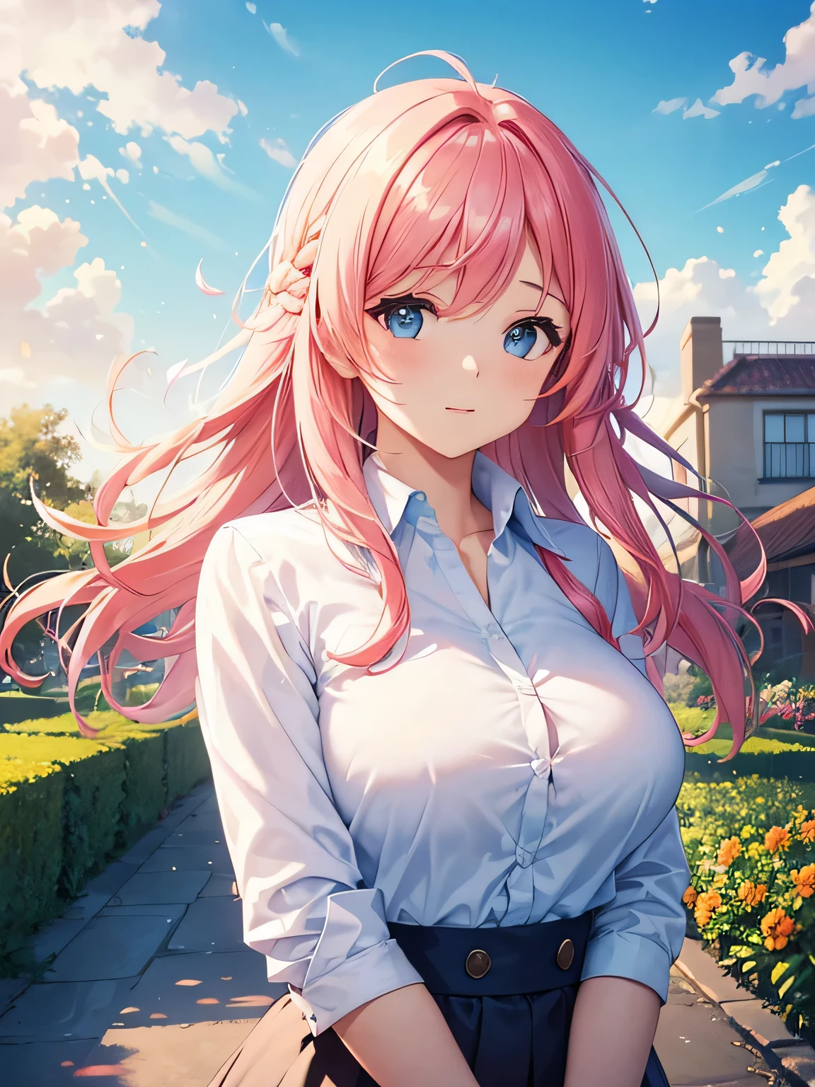 top quality, 1 girl, (skin cavities), (big breasts), (Sky), bright, background blur, outdoor, (street:0.6), (hair:1.5), (woman&#39;shirt:1.5), Gorgeous, (hair Float:1.5), soft light, wind, garden, street