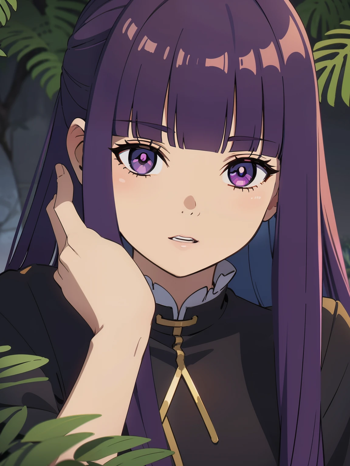 freirenfern, fern, purple hair, long hair, purple eyes, blunt bangs, sidelocks, half updo, bright pupils, (large breasts, 1 girl), BREAK Masterpiece, best quality, high resolution, 8K, official art, super resolution, extremely detailed and beautiful, extremely detailed, amazing and detailed, highly detailed beautiful girl, highly detailed face, highly detailed eyes, highly detailed skin, highly detailed fingers, highly detailed nose, very detailed mouth, perfect anatomy, BREAK Full body shot, extremely detailed CG unity 16k, very fine 16KCG wallpapers, light blush, China Cheongsam, forest,