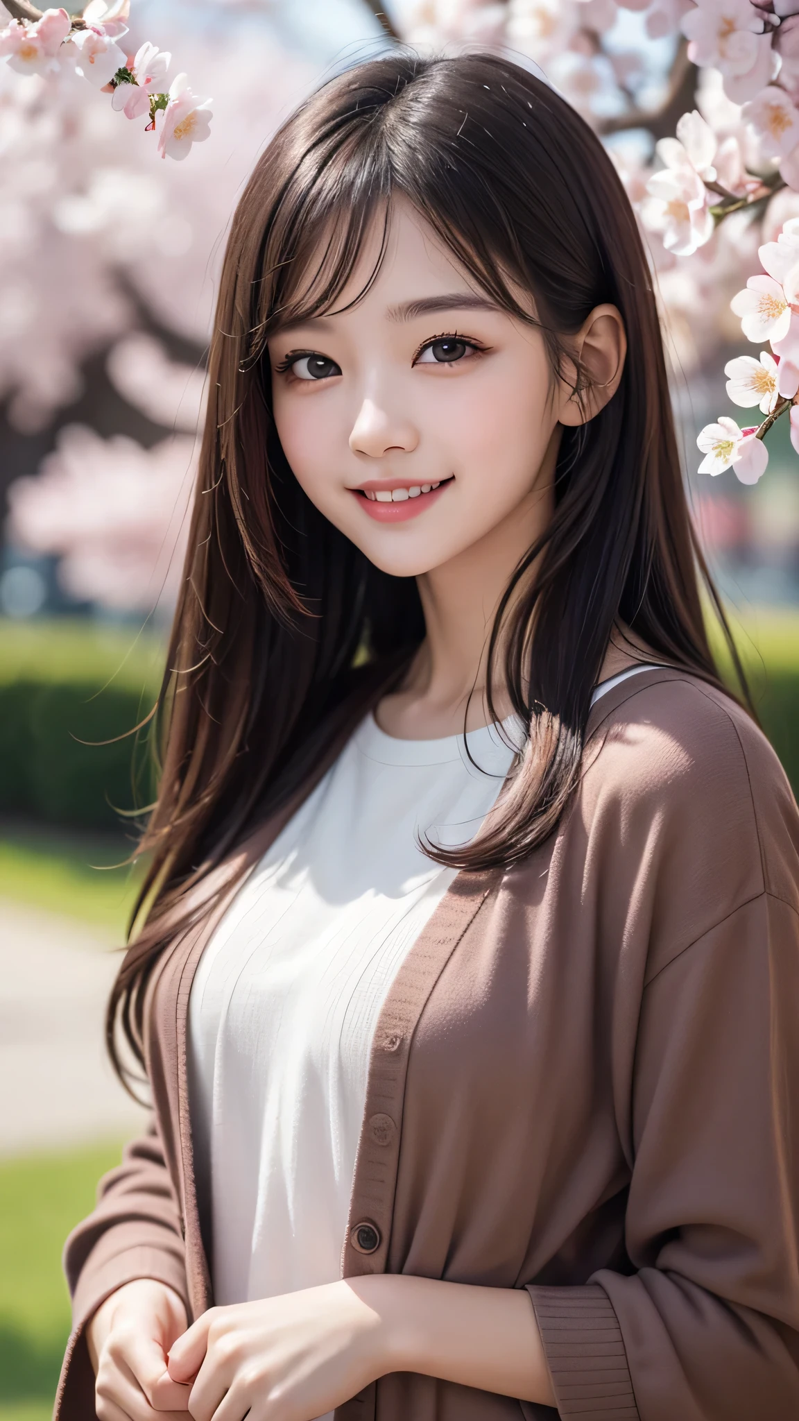 (1young girl), cute face, kawaii, Brown hair, instagram beautiful girl photos, great smiles, (Best Quality:1.3), (Ultra-detailed), (extremely detailed CG unified 8k wallpaper), Highly detailed, High-definition raw color photos, Professional Photography, cherry blossom, colorful pictures, colorful photos, depth of fields, 