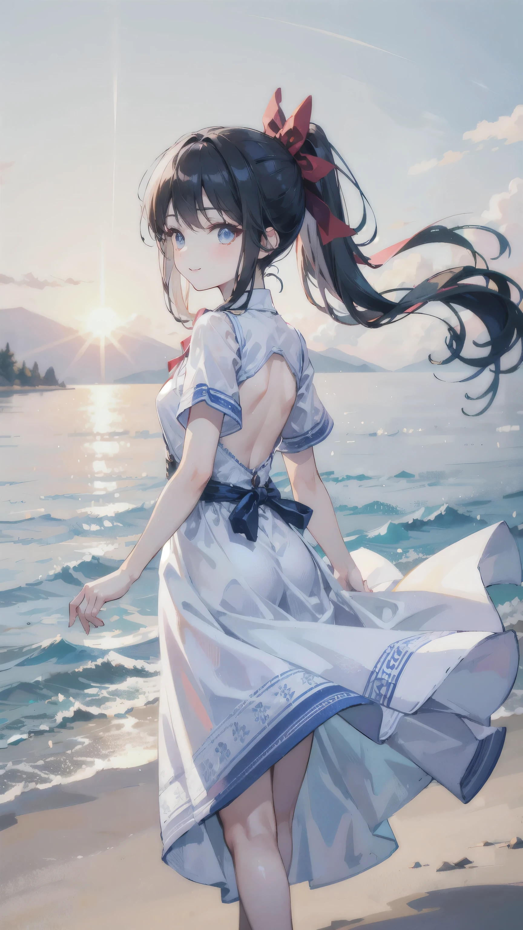 （Film portrait photoy，photo，Beautiful two-dimensional wallpapers）（Soft professional lighting，35mm film，Photograph distant scenery：1.3）（15-year-old cute loli looks into the distance：1.6，Wearing a red dress，Exquisite waist-to-hip ratio：1.6，White and long legs：1.3，Smile，small red lips：1.4，Wearing a bow：1.4，barefoot:1.3，French bangs:1.4，ponytail：1.2，ran into the sea，splashing in the waves：1.6）（A group of flying swallows：1.5，white clouds and blue sky：1.3，The picture is very neat ：1.5）