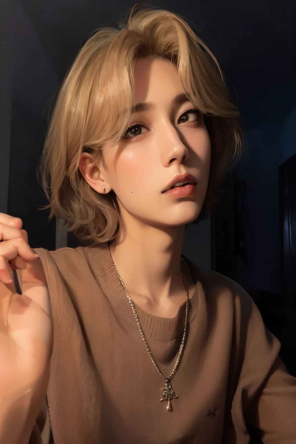 mulher loira com um colar e colar segurando um telefone celular, beautiful androgynous girl, androgynous person, delicate androgynous prince, androgynous face, com cabelo curto, portrait androgynous girl, beautiful androgynous prince, androgynous, an epic non-binary model, androgynous male, cai xukun