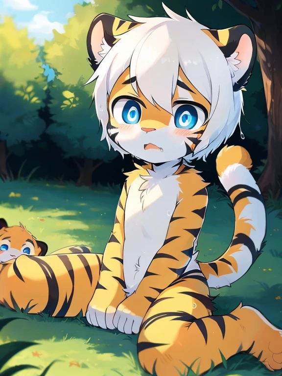 （4K，8k，best quality，meticulous details，Delicate light，Delicate short hair）（wet fur 1.4）Tiger cubs，white hair，dark blue pupils，there&#39;s something strange，surprise，wearing tape，Big blue striped tail，Little fresh，sit on the grass，Shota