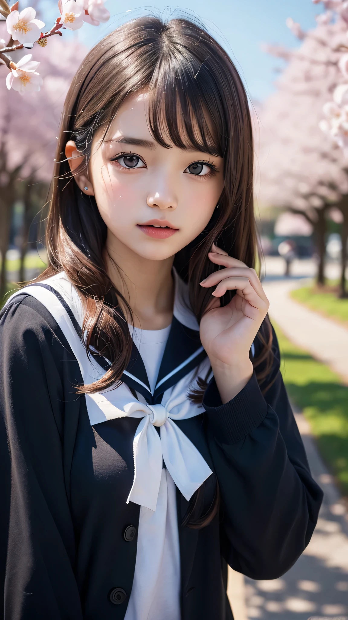 (1young girl), Amazing face and eyes, (amazingly beautiful girl), (Best Quality:1.4), (Ultra-detailed), (extremely detailed CG unified 8k wallpaper), Highly detailed, High-definition raw color photos, Professional Photography, sailor uniform, school uniform, School, Spring, cherry blossoms,