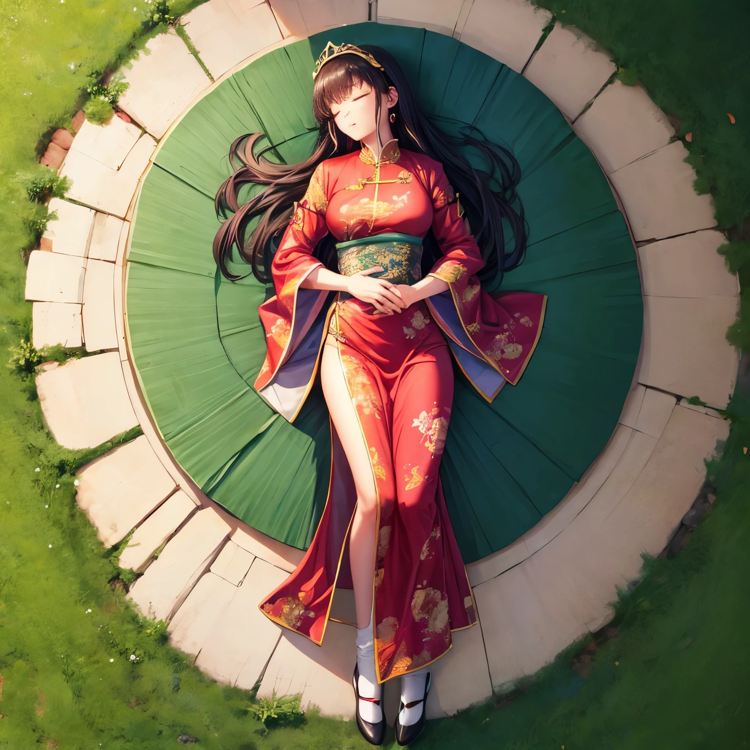 Young woman sleeping, shot from above, full body, Chinese costume, princess