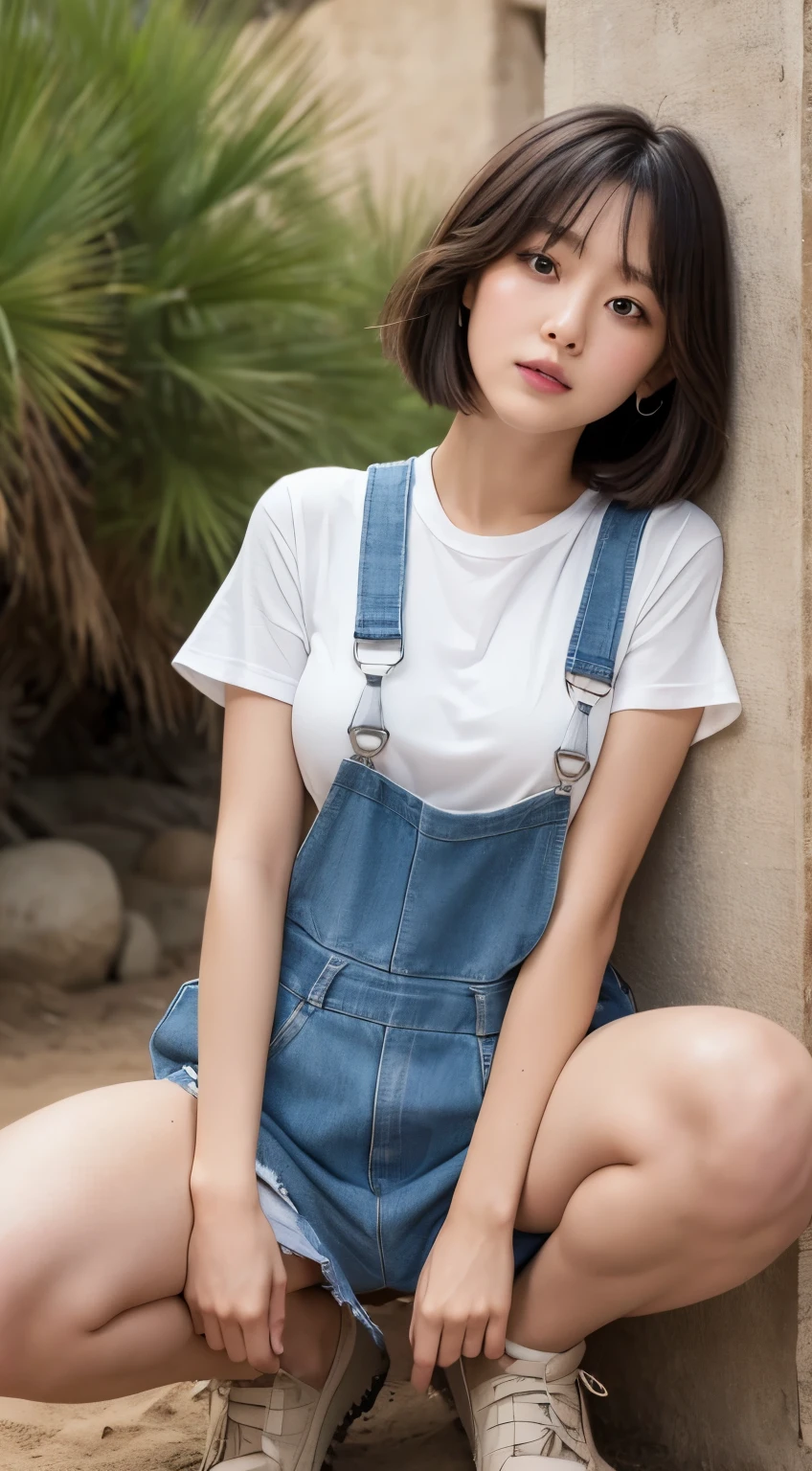 {{NSFW}},((highest quality、In 8K、master piece:1.1))、fisheye lens 、1 woman、japanese woman、Cute 20 year old woman、Cute round face、delicate and beautiful skin、human-like skin、realistic skin feel、複雑な色hair of、complicated hairstyle、gloss々hair of、Tie your hair to the side、、Forehead、two block、Sheared hair、ear length hair、Put out both ears、Looking at the camera、look at camera、raise your chin slightly、double round big eyes、super delicate eyes、super detailed face、high detailed lips、thick lips、Emphasize the face、cool woman、strong woman、Above the chest、Slender body,covered erect nipples,shiny skin,Take a full body photo、feminine toned body、Wild Lady、desert、荒れた荒野に立つWild Lady、military clothing、dirty with dirt or sand、the wind is strong、Hair disheveled by the wind、tanned skin、Wheat-colored healthy skin、Military Shirts、迷彩柄のoveralls、overalls、face is dirty with dirt、The gesture of wiping a dirty face with one&#39;s arm、A woman standing on a road in the wilderness、The body is facing forward、backpacker woman、道路の真ん中にsquat、sit、squat、