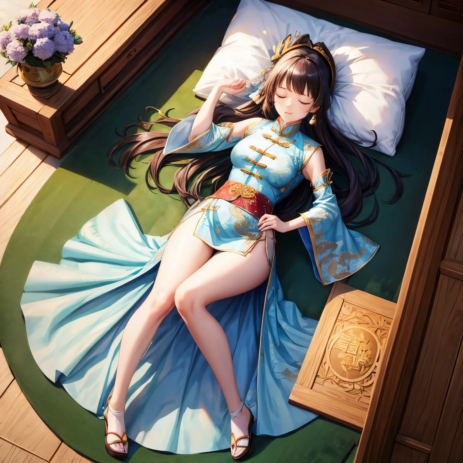 Young woman sleeping, picture from above, full body, Chinese costume, princess, Chinese dynasty