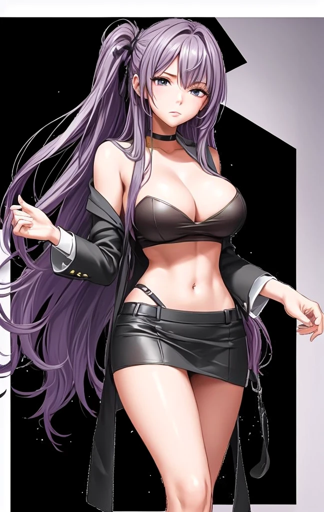 A beautiful woman with long hair, big breasts, and beautiful legs is standing in a suit, a dark tube top, and a miniskirt.。Emphasizing the tube top。