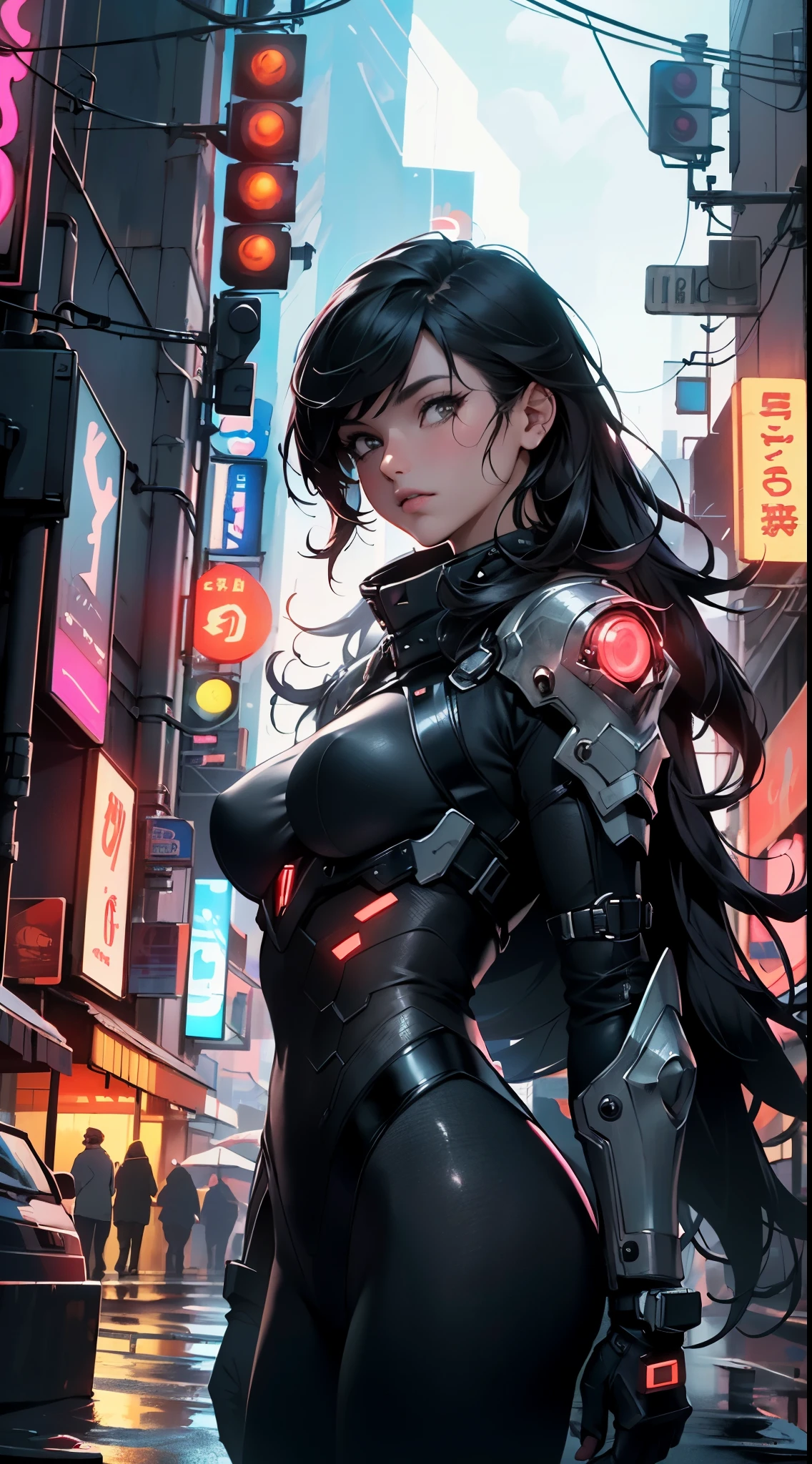 Photo, armored, stealth, Character design, Highly detailed, Intricate details,Mechanical wonder, Cyberpunk, Cybernetic Guardian,male form,very very long hair silky rapunzel brown or black
(dynamic pose:1.0),solo focus,(centered,scale to fit dimensions,Rule of thirds),
cyberpunk city by the ocean at night, with bright neon signs and dark stormy clouds and puddles, scenery:1.25,
highres, sharp focus, (ultra detailed, extremely detailed), (photorealistic artwork:1.37),(extremely detailed CG unity 8k wallpaper),((synthwave background theme)),(((vibrant colors))),(intricate background),(masterpiece),(best quality),