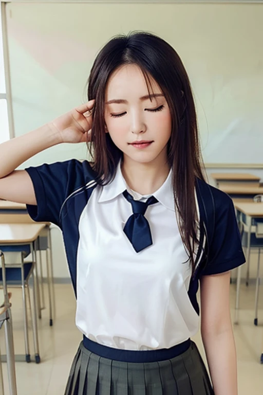 (1 girl), (sexy look:1.5), (flat chest:1.3), (very detailed目, very detailed顔), (超realistic, High resolution), (highest quality:1.4), (hyper quality), real skin texture, RAW photo, (realistic, Photoreal:1.37), very detailed, professional photography, (school uniform, pleated skirt:1.3), (look at me), (School, classroom), (Face me and kiss me:1.4),(Close your eyes:1.5),(head tilt:1.5)