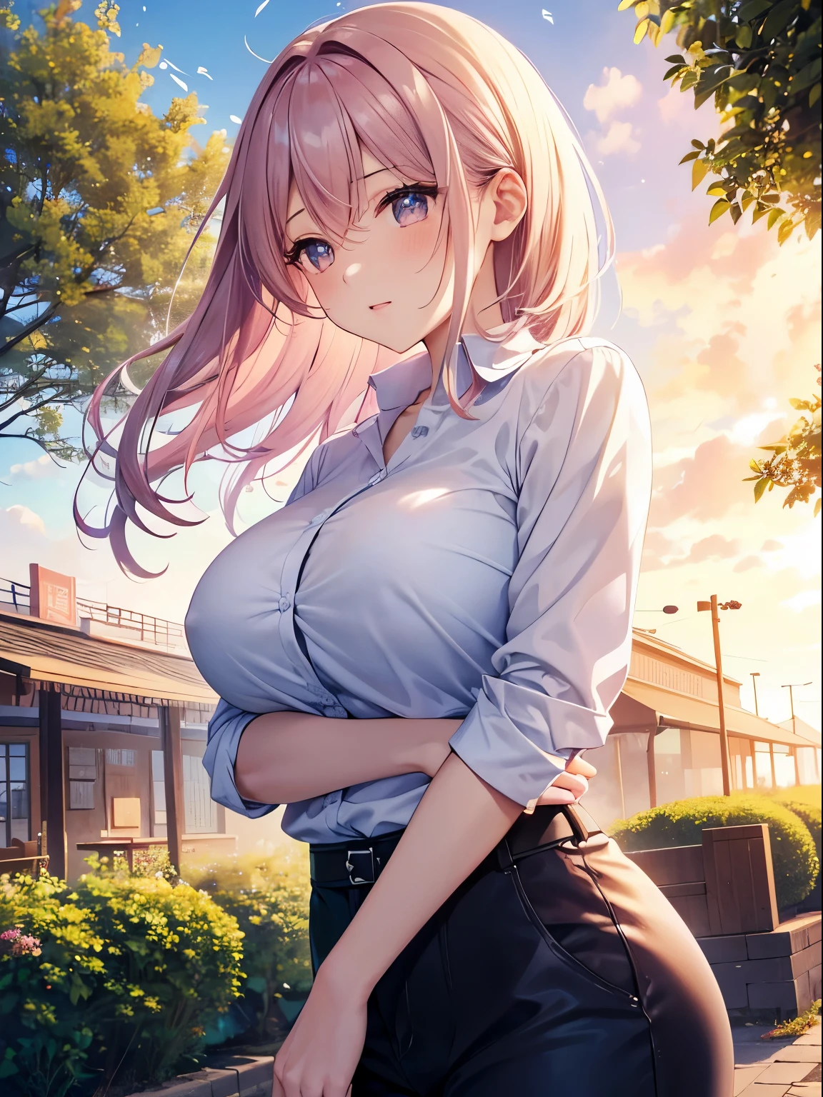 top quality, 1 girl, (skin cavities), (Big breasts), (sky), bright, background blur, outdoor, (street:0.6), (hair:1.5), (women's shirts:1.5), 华丽的hair , soft light, wind, garden, street