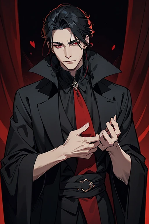The vampire wears a long black coat.,The coat fits snugly on a slender figure.,It shows a mysterious and majestic atmosphere.。The collar of his coat stands high,Cover his neck,It gives me a dark feeling。The fabric on his body shows an emerging pattern.,As if somehow merging with the darkness。
Red eyes are his most striking feature,shine,It emits a cold and deep light。Seems, These eyes contain infinite wisdom and bloodlust.,It makes people feel cold in their hearts。When he looks at you,You will feel a feeling of oppression,It's like he can see into the deepest corners of your heart.。
He's slim,The line is smooth,It gives a feeling of elegance and grace。Although outwardly no different from ordinary people,But in his smile, it seemed, an evil aura was hiding.,Makes people shudder。His skin was pale, Like snow.,Reveals innate bloodlust,Immediately reminds you of your true essence as a vampire.。
The appearance of a vampire is full of charm and danger。His red eyes and black coat complement each other.,Makes him even more mysterious and seductive.。Whether it's his view on everything,Or his figure in the dark,It's enough, to make people afraid and curious。