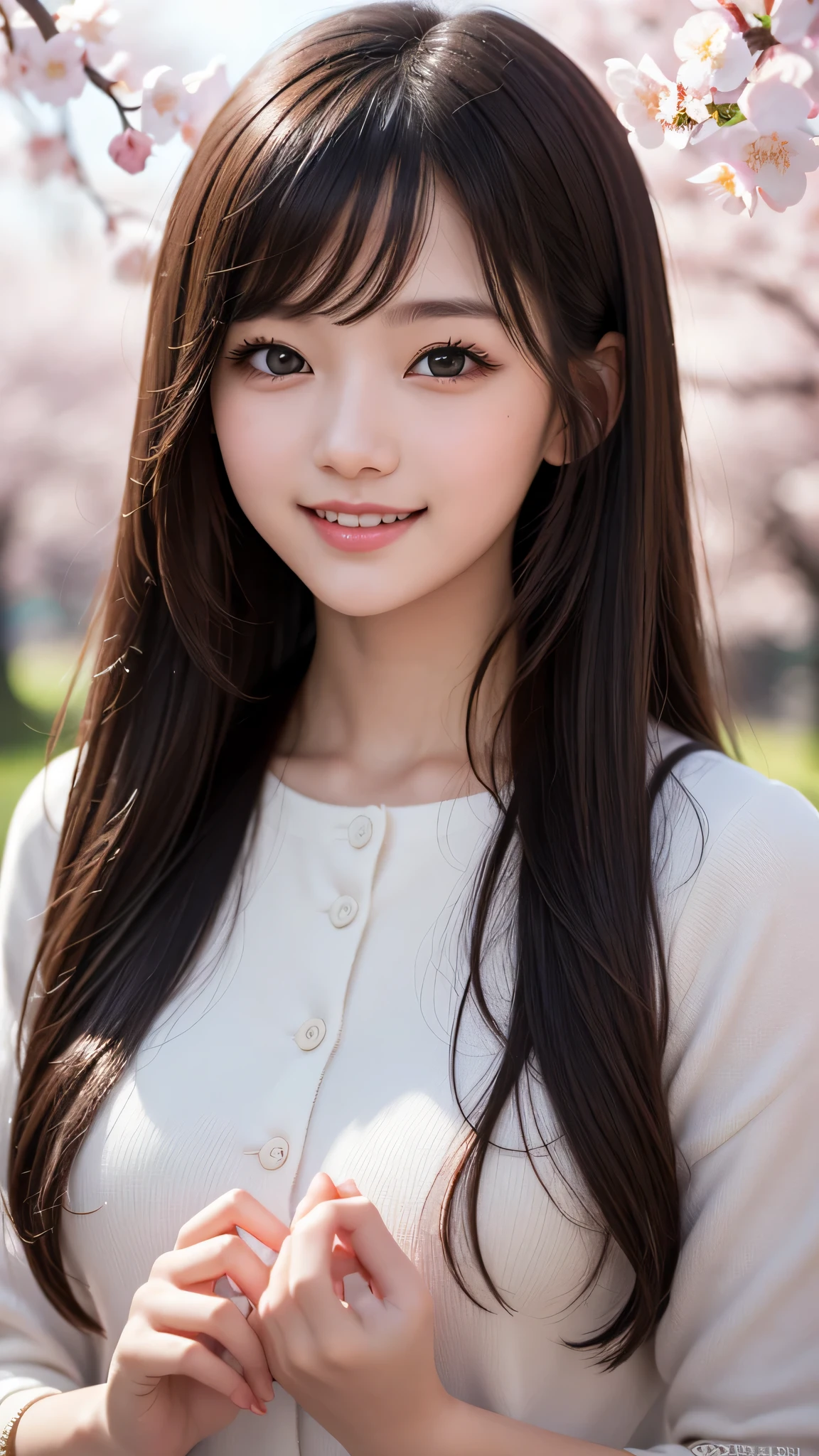 (1young girl), cute face, kawaii, Brown hair, instagram beautiful girl photos, great smiles, (Best Quality:1.3), (Ultra-detailed), (extremely detailed CG unified 8k wallpaper), Highly detailed, High-definition raw color photos, Professional Photography, cherry blossom, colorful pictures, colorful photos, depth of fields,