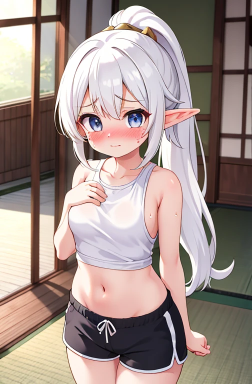 One girl with long ponytail hair, elf, white hair, looking at viewer, embarrassed, blushing, tears, indoor , bare shoulders, bare hands, medium breast, tanktop and shorts, sports shorts, stomach, naked, perfect waist, thigh, tatami, standing, wet, nsfw, day atmosphere, hair ornament, nude