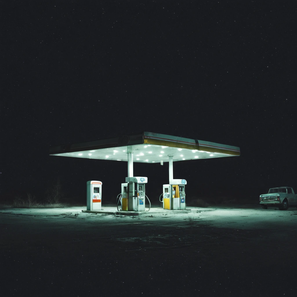 an abandoned gas station, in the middle of nowhere, night, eerie, unsettling, low light