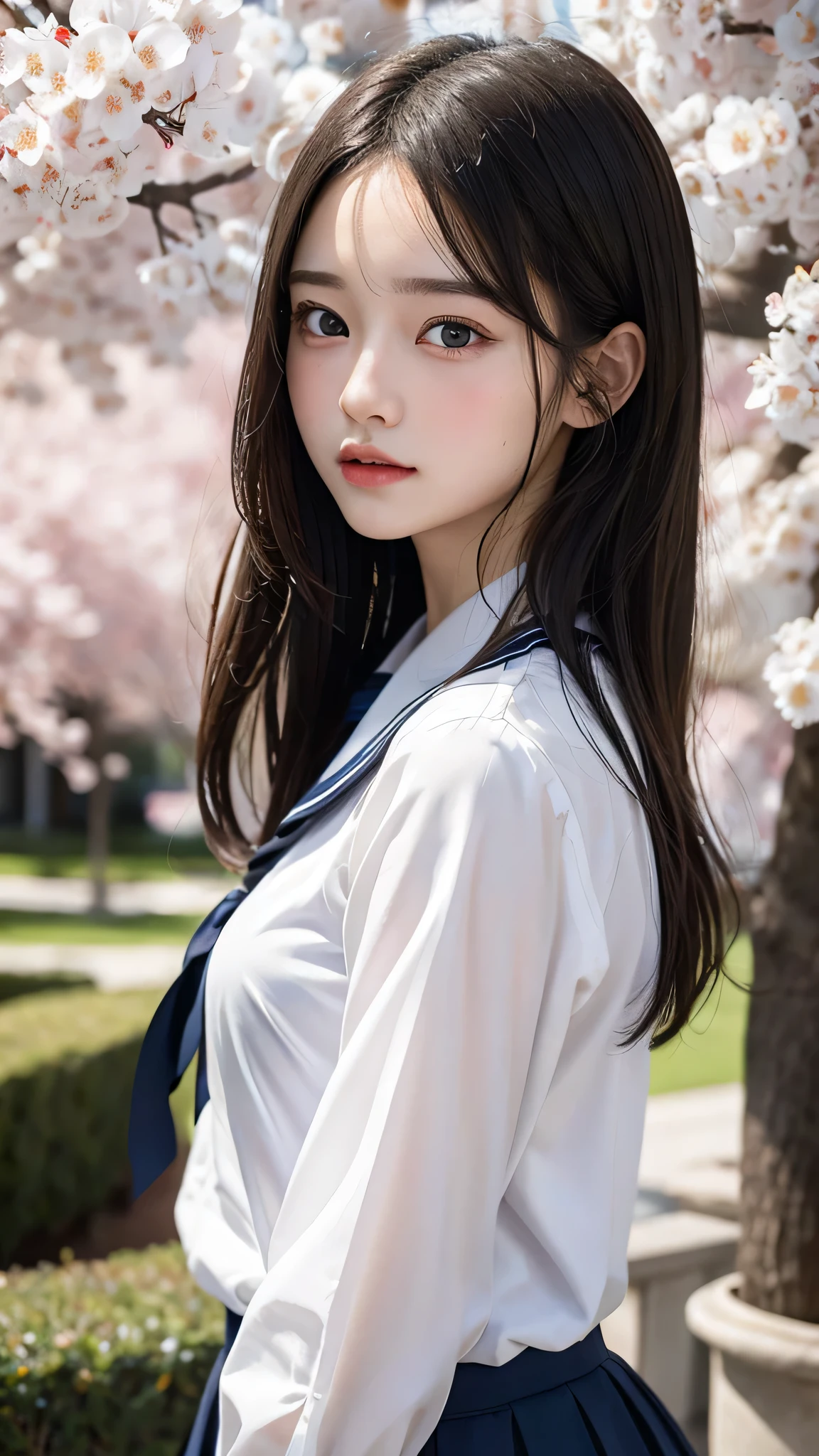 (1young girl), Amazing face and eyes, (amazingly beautiful girl), (Best Quality:1.4), (Ultra-detailed), (extremely detailed CG unified 8k wallpaper), Highly detailed, High-definition raw color photos, Professional Photography, sailor uniform, school uniform, School, Spring, cherry blossoms,