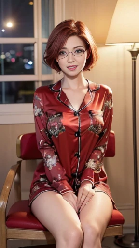 ((Night view, realistic light, best quality, 8k, masterpiece: 1.3)), 1girl, busty pretty woman with slim figure: (short red hair: 1.3), ,full body, super detailed face, detailed eyes, double eyelids, very realistic , Lens 1.8, sitting in chair,smiles , long legs, bokeh , pajamas mix colors, wear eye glasses, holding Persian