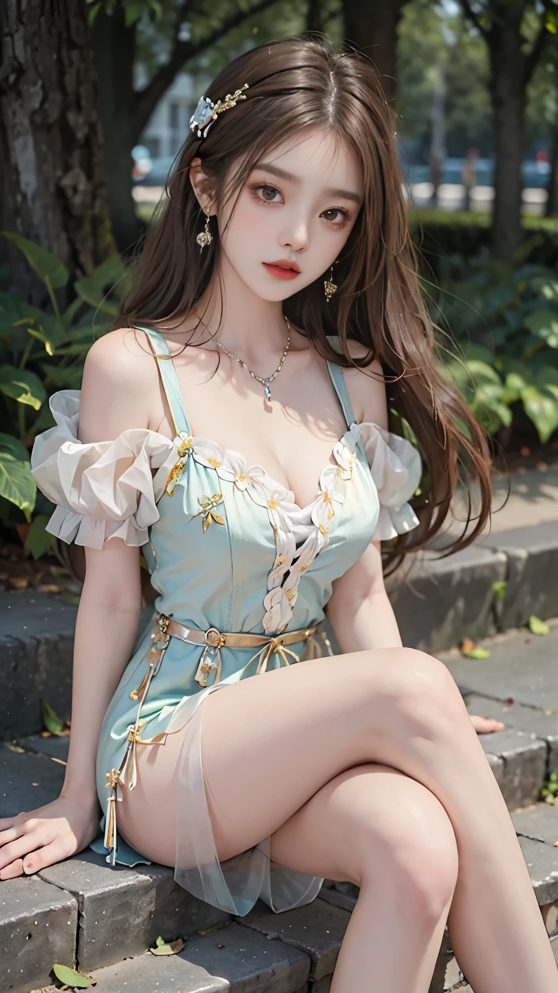 Sweet girl clothes10,korean dress,,  1girl, ((full body)), fashi-girl, red lips, mature female, makeup, Warm colors, Color saturation, Close up, sitting position, elegant posture, tempting pose, Perfect curves, slim, sexy, Big breasts, cleavage, beautiful legs, Confused eyes, bite lip, messy long hair, outdoor, simple casual scene, Random shooting angle, The details are very detailed, Ultra-clear, best quality, official art, elaborate earrings, exquisite necklace, extremely detailed description, Ultra-fine painting, delicate face