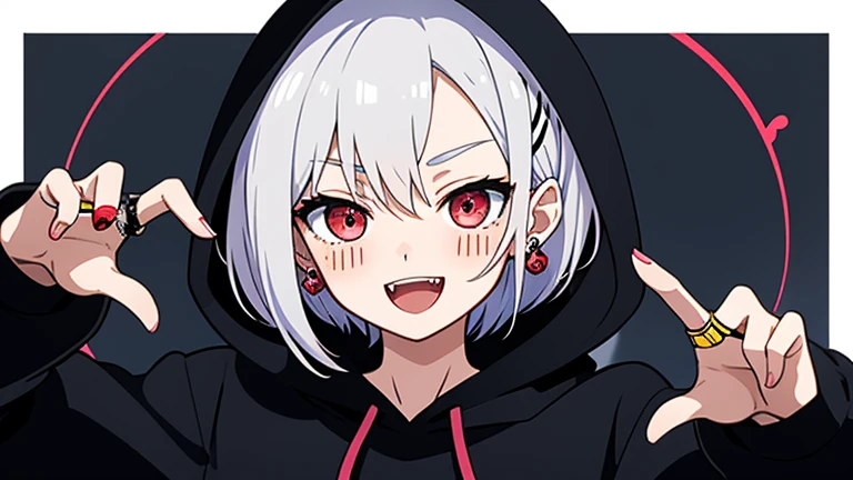 masterpiece、highest quality、1 girl、Upper body、short hair、one point color hair、Vampire wind、evil smile、blush、open your mouth、Show fangs、Stylish earrings、ring accessories、Wear a hoodie、Wearing a hood、Put your hands on your face、I can&#39;t see my hands、spider pattern background