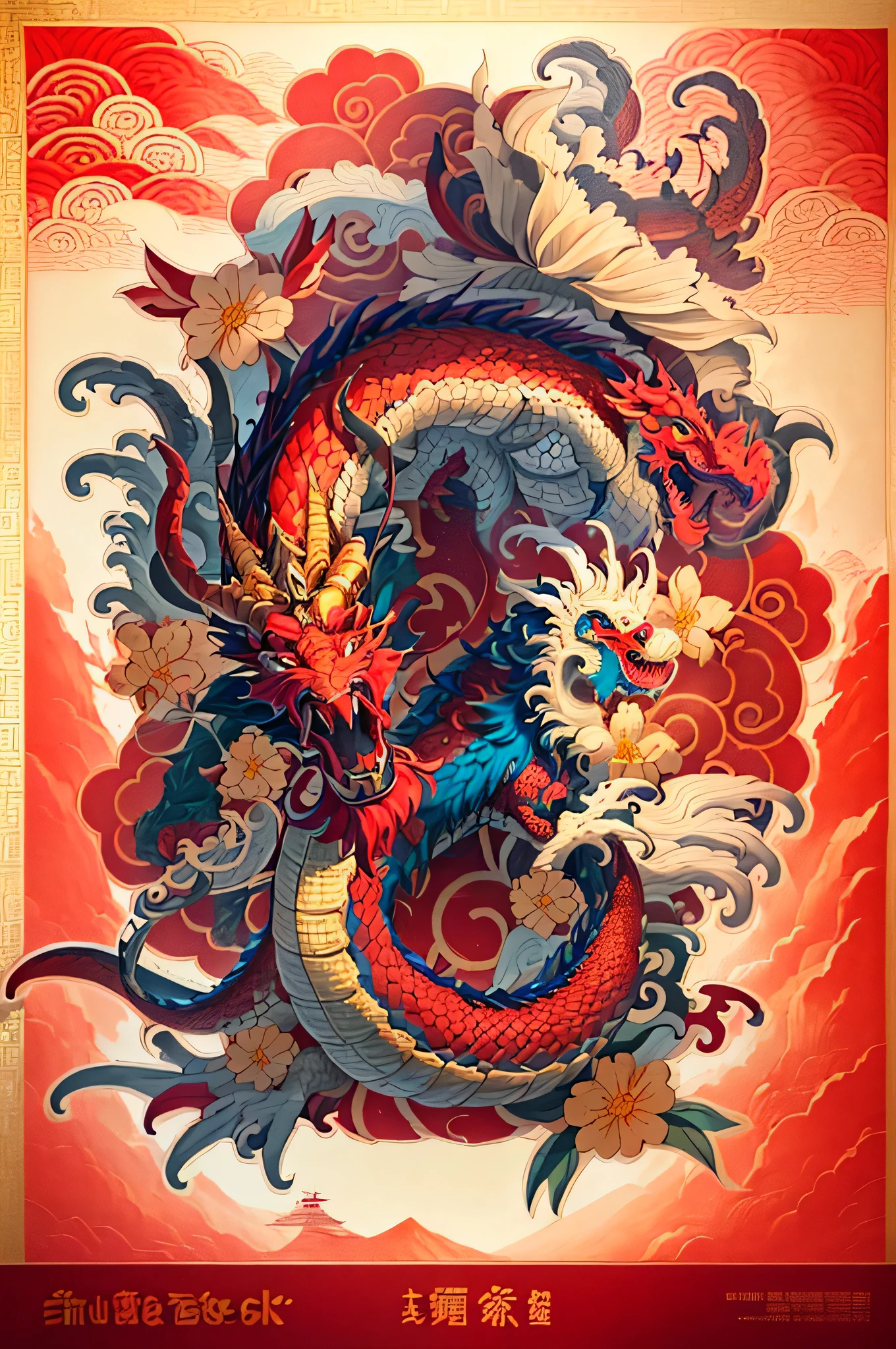 a Red Dragon with a dragon head and flowers on a colorful background,flames on background, 雄伟的Chinese dragon, Color illustration for tattoo, CNY,Red Dragon, Japanese art style, oriental tatu agens, Inspiration from Utagawa Yoshitaki, Inspiration for Utagawa Hiroei, Lower left arm and back, Utagawa Yoshiya's inspiration, Chinese dragon, tattoo design, a Red Dragon,(Chinese dragon年海报),Mountain and Sea Sutra,big dragon,Complete claws,Chinese style,Colorful auspicious clouds,CNY,red tint,outstanding,luxury,Celebrating the Year of the Dragon,HASSELBLAD CAMERA, Surrealism, intricate details, ultra high definition,,masterpiece,8k,high detail,clear facial features