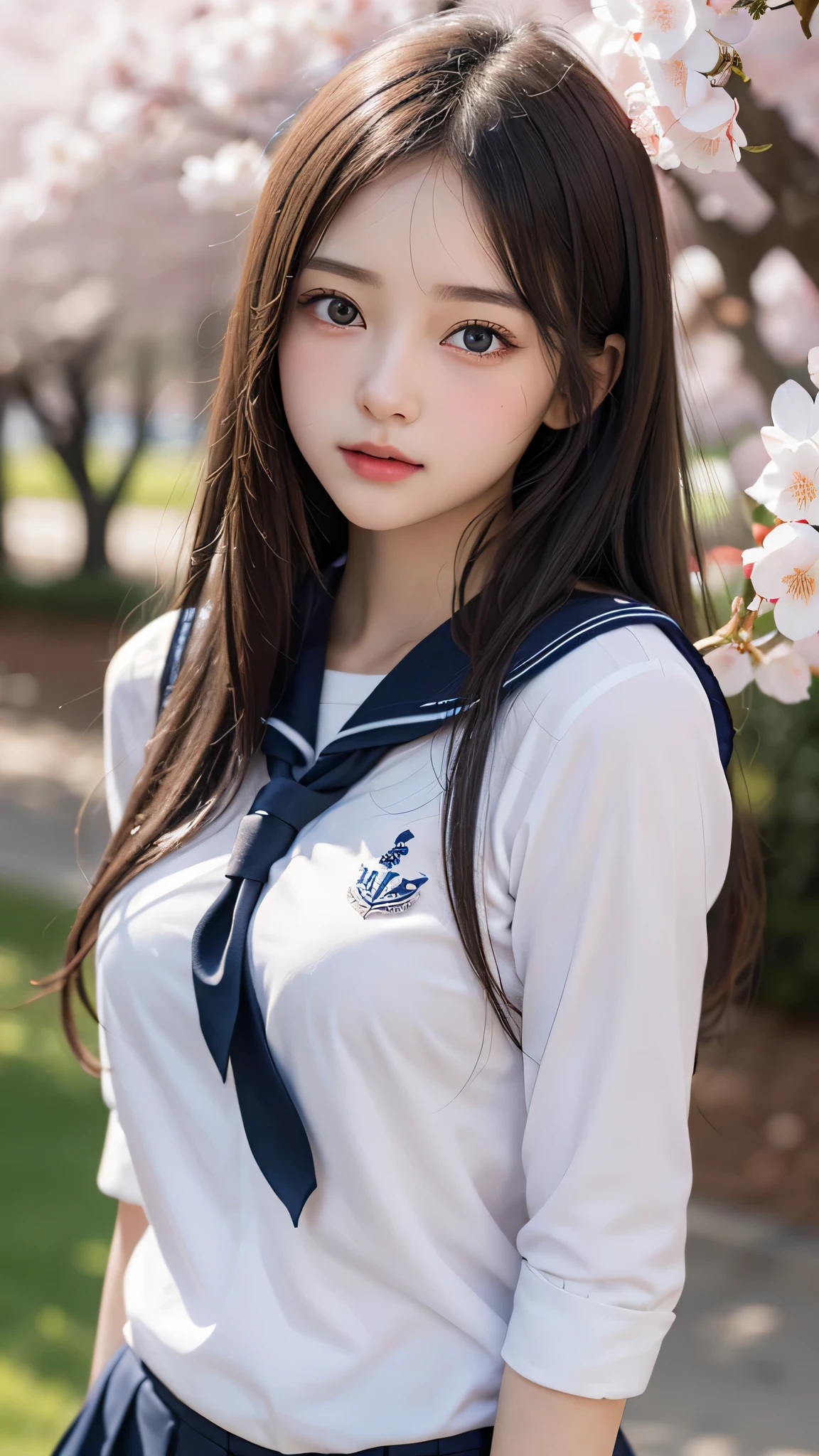 (1ung girl), Amazing face and eyes, (amazingly beautiful girl), (Best Quality:1.4), (Ultra-detailed), (extremely detailed CG unified 8k wallpaper), Highly detailed, High-definition raw color photos, Professional Photography, sailor uniform, school uniform, School, Spring, cherry blossoms,