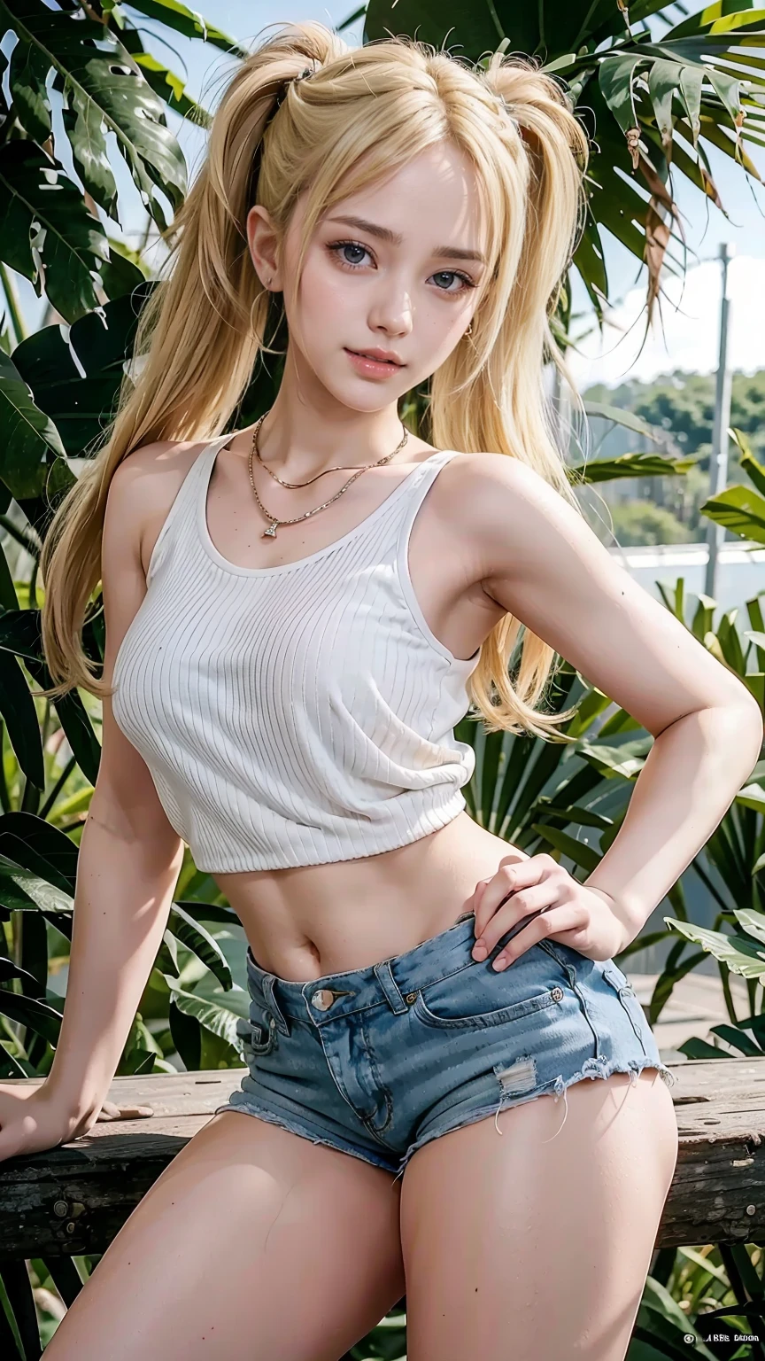 22 year old white female、hair color is blonde、blue eyes、long hair、The ends of the hair are wavy、has hair in twin tails、accessories on wrist、wearing a necklace、has earrings、skin is smooth、Slender but muscular body、smile、She wears a shirt that shows her underboob、I&#39;m wearing shorts、I&#39;m wearing high knee socks、smile、hands on hips