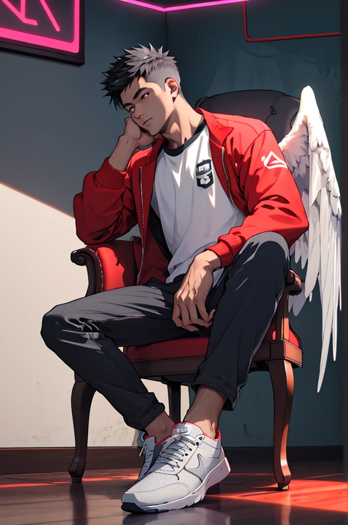 Creat a 3d illusion for a profile picture when a 25 years old cute boy in a white sitting casually on a wingback chair. Wearing sneakers, he looks ahead. The background features "NIKKIP SHRESTHA" in big a capital red neon light fonts on the dark gray wall. There should not be his shadow, and there are wings to make it appear as if he is an angle.