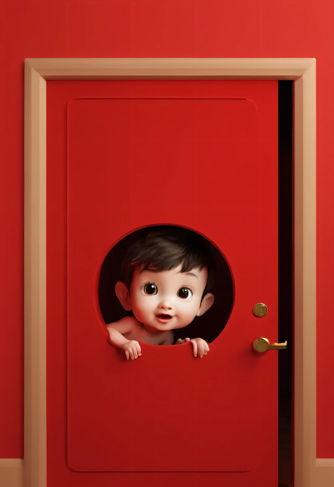 2014 red wallpaper, Simple modern style, Half body, Baby dragon peeks out from behind the red door and plays hide and seek, 3D renderer, red background, realistic hair,