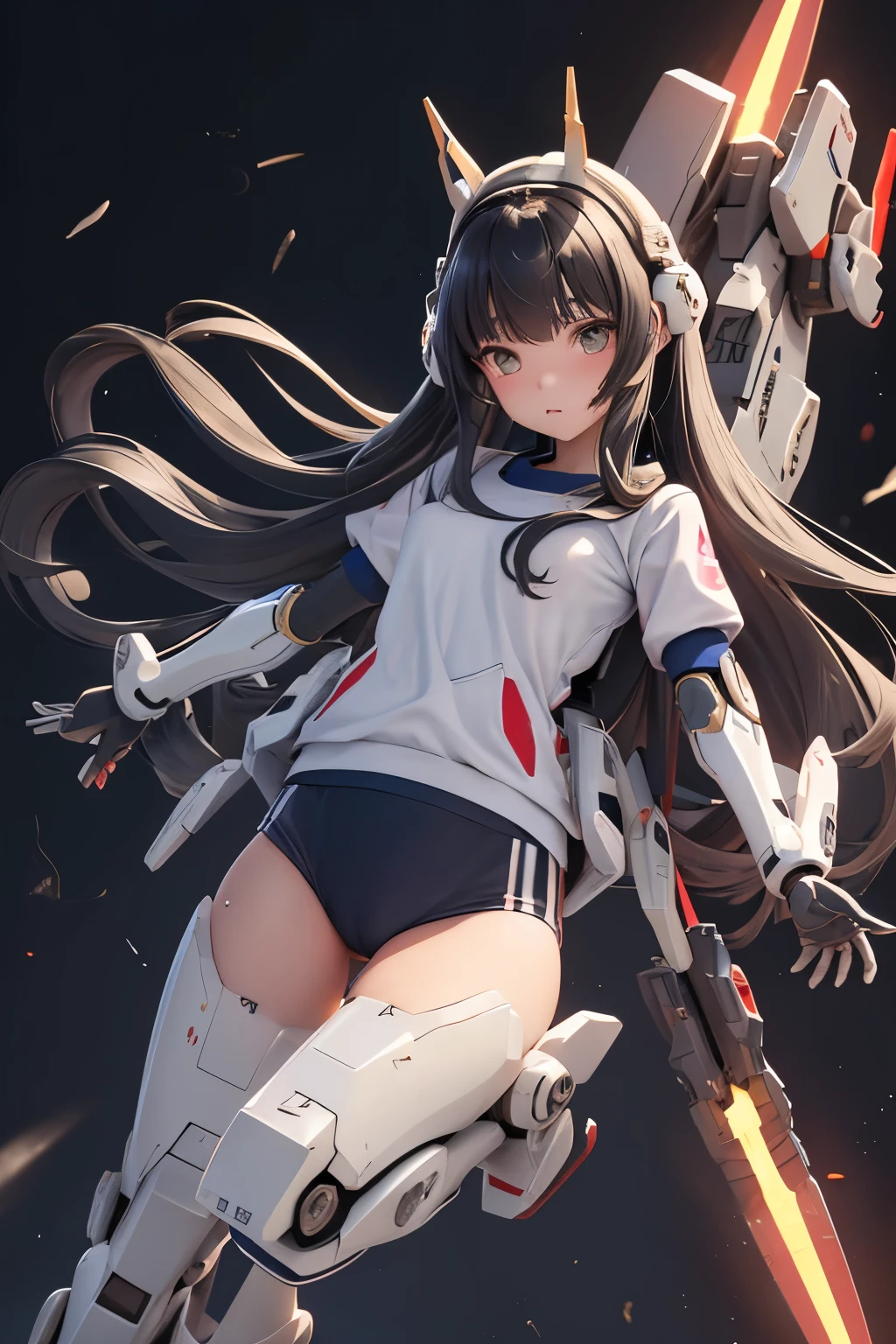 (highest quality)), ((masterpiece)), (very detailed: 1.3), 3D, {(****ung girl)}, (wear navy buruma and white gym uniform with colored hem under armor:1.3), (black hair:1.5), (She is fused with futuristic Gundam mecha:1.4), with headgear, with v-fin , armored shoulders,armored under arms, armored under legs, short sleeve, attached 2 huge weapons on back, legs mounted weapon module, camel toe,  multilayer textureperfect proportions, octane rendering, duotone lighting, Low ISO, wide aperture, White balance, Rule of thirds, ultra HD16k, HDR (High Dynamic Range), Ray Tracing, NVIDIA RTX, Super Resolution, Subsurface Scattering, PBR Texturing, Post Processing, Anisotropic Filtering, Depth of Field, Maximum Clarity and Clarity, High efficiency subpixel, subpixel convolution, particles of light, light scattered, Tyndall effect, full body:1.5, (tabletop pose:1,2), , cute, (cute:1.2), (long hair:1.3),太い眉毛, 薄い色の虹彩, 大きくて輝いている黒い瞳, 長いまつげ, 小さく薄い色の自然な唇, (Average face of Japanese idols), (日本人特有の童顔:1.3), (baby face), 広いおでこ:1.2, ふっくらした頬, 小さな顎, in the hangar,looking at viewer,Focus on the eyes , (完璧な4本の指, 親指1本),